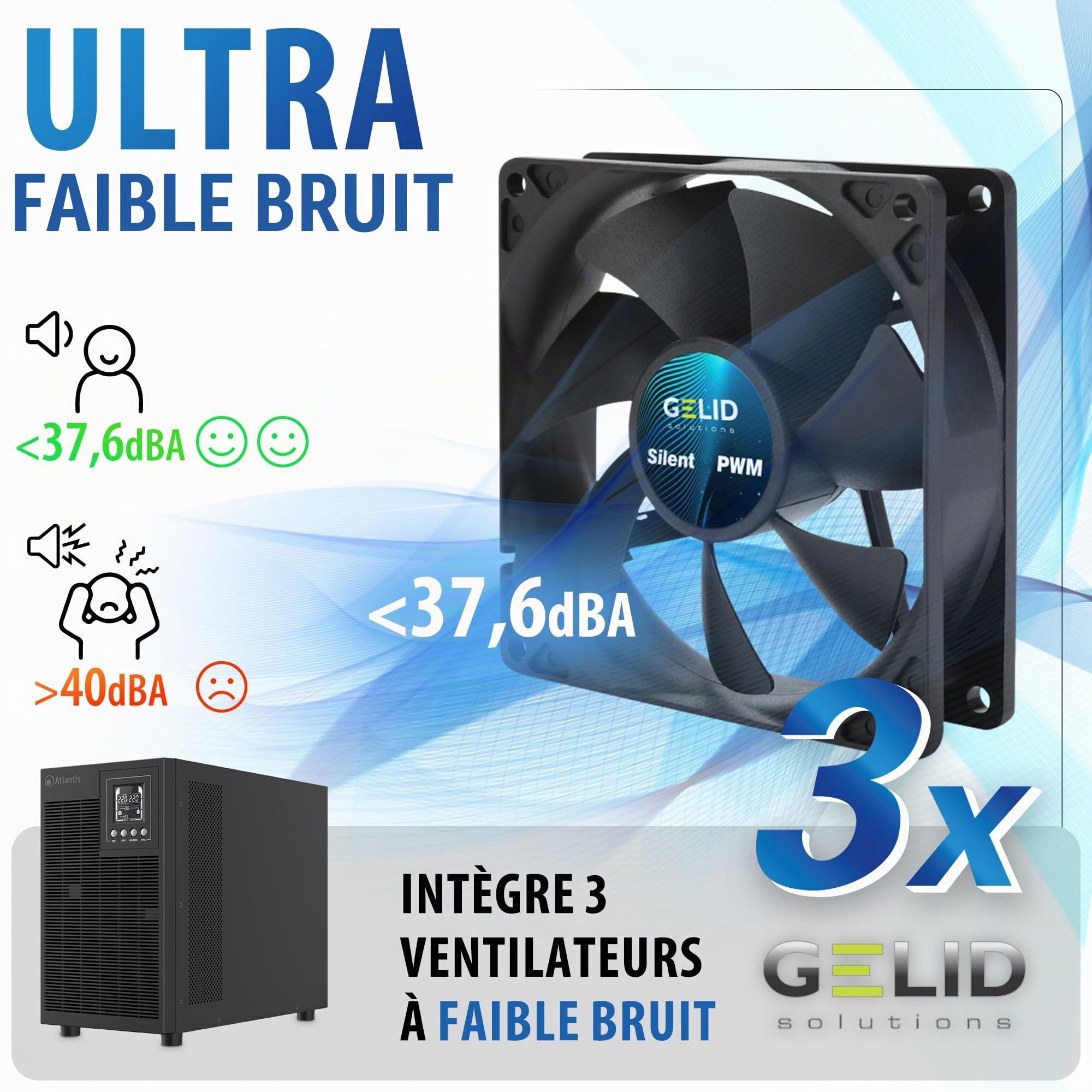Atlantis onduleur on-Line Faible Bruit 3000VA/2100W, Onda Double Conversion