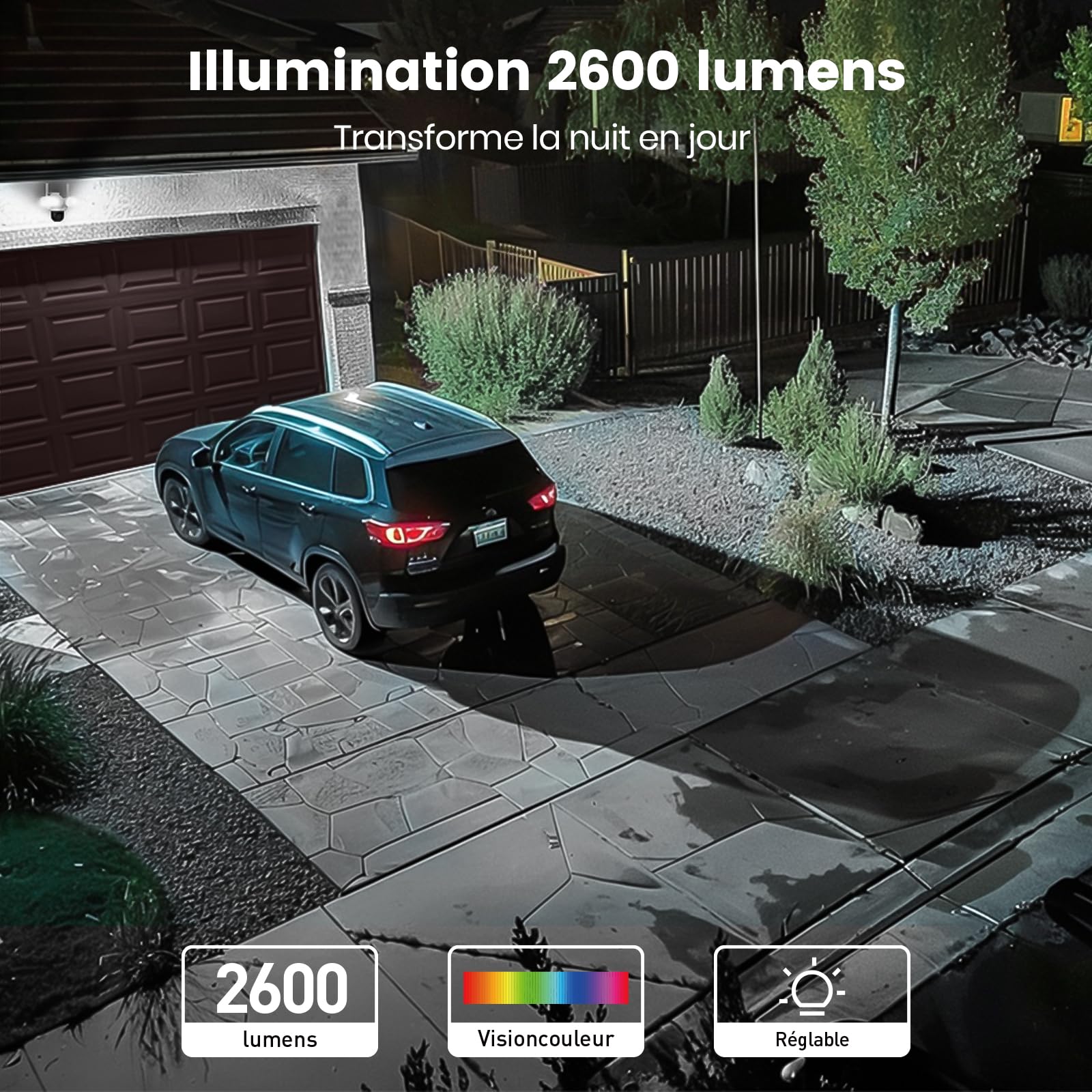 aosu 3K Caméra Extérieure avec 2600 LM Projecteur,360° Dét. IA Humaine | 3 capteurs PIR, Enregistrement 24/7, Vision Nocturne, IP65 étanche, Wi‑Fi 2,4 GHz, Pour Entrée/Jardin