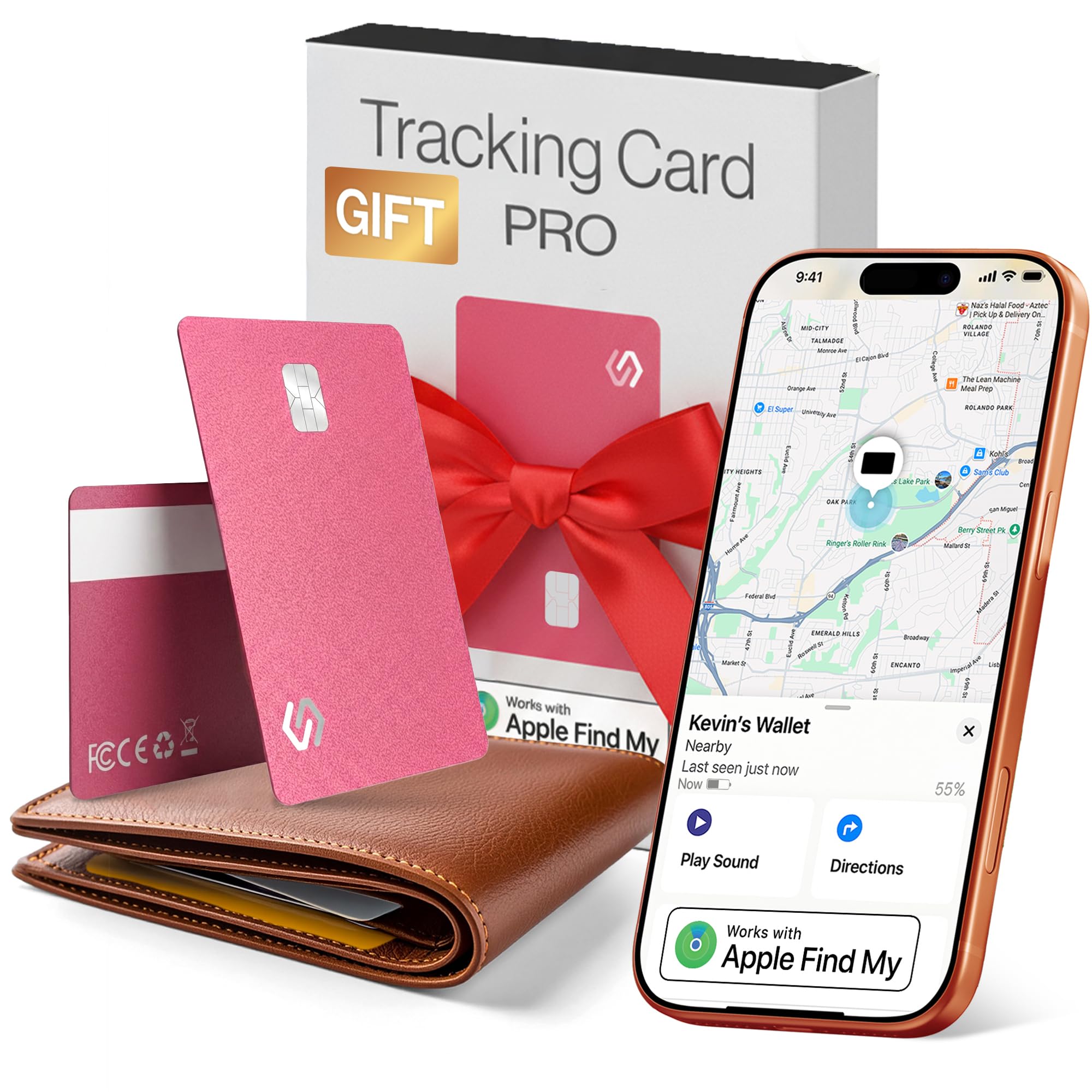 SPOTMINDERS Apple MFi Certified Credit Card Wallet Tracker PRO Pink (iOS Only) Gifts for Women Works with Apple Find My Rechargeable Tracking Card for