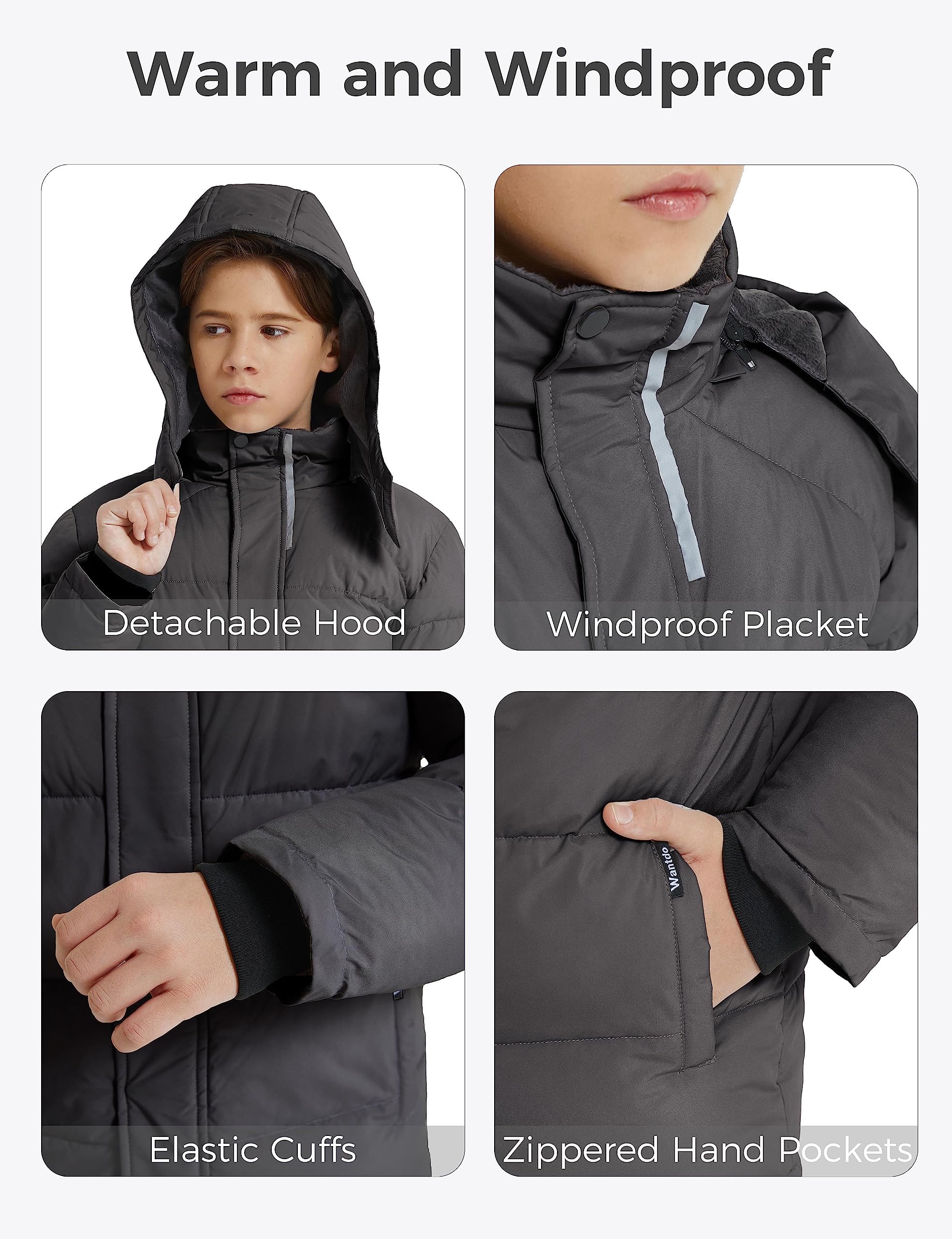 Wantdo Abrigo Cálido de Invierno para Niños Chaqueta Acolchada de Algodón Grueso Parka Clásica a Prueba de Viento Chaqueta Abrigada con Capucha para Exteriores