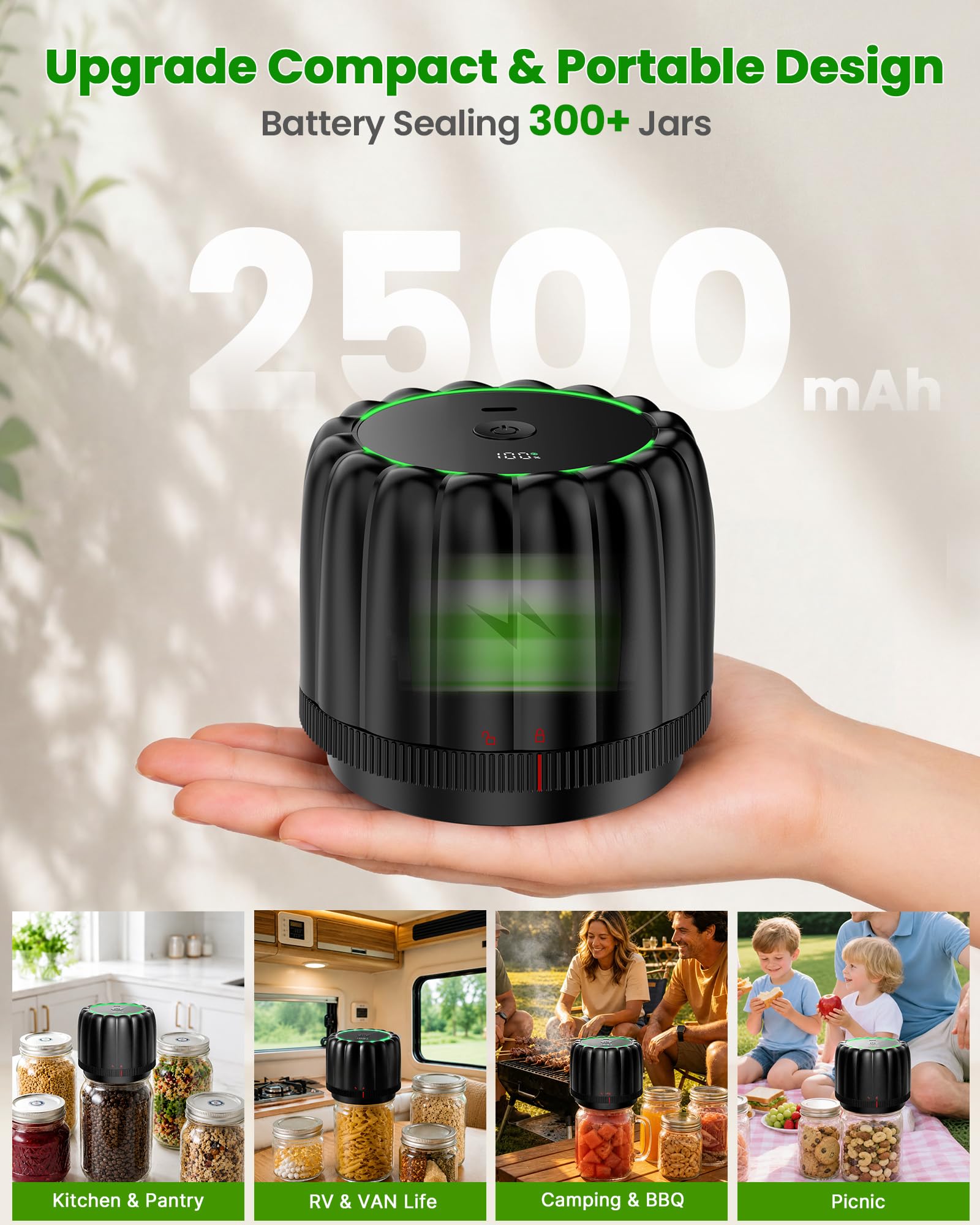 Kit de scellage sous vide pour bocaux Mason électriques avec 10 couvercles, système d'arrêt automatique sans fil pour le stockage des aliments, la cuisine, le camping