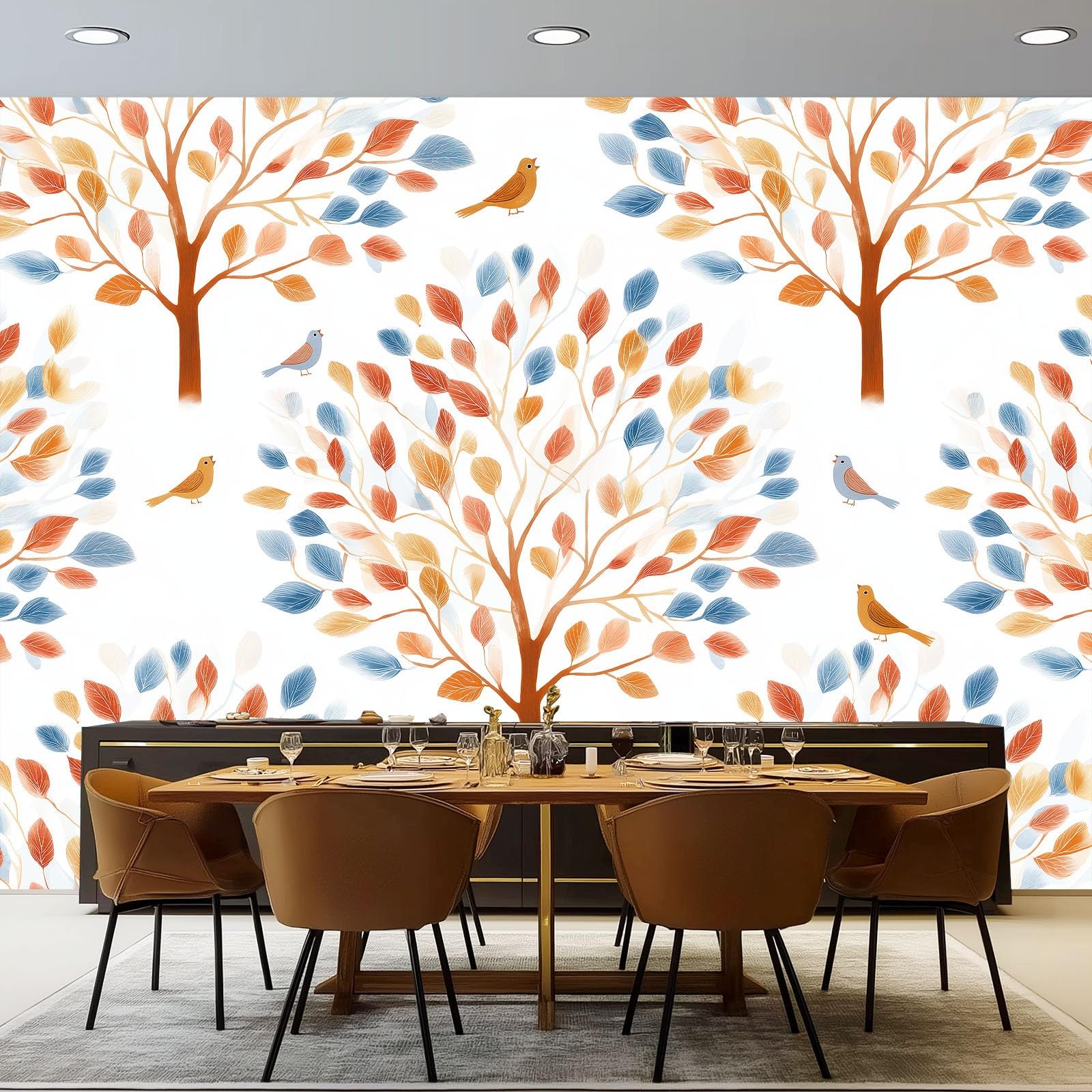 Tapeta ścienna Akwarela Drzewa Natura Ptaki na ścianę, Dekoracja domu Salon Sypialnia, Brązowy Pomarańczowy Druk HD, Artystyczny Design, Pokrycie ścienne, 400 x 280 cm