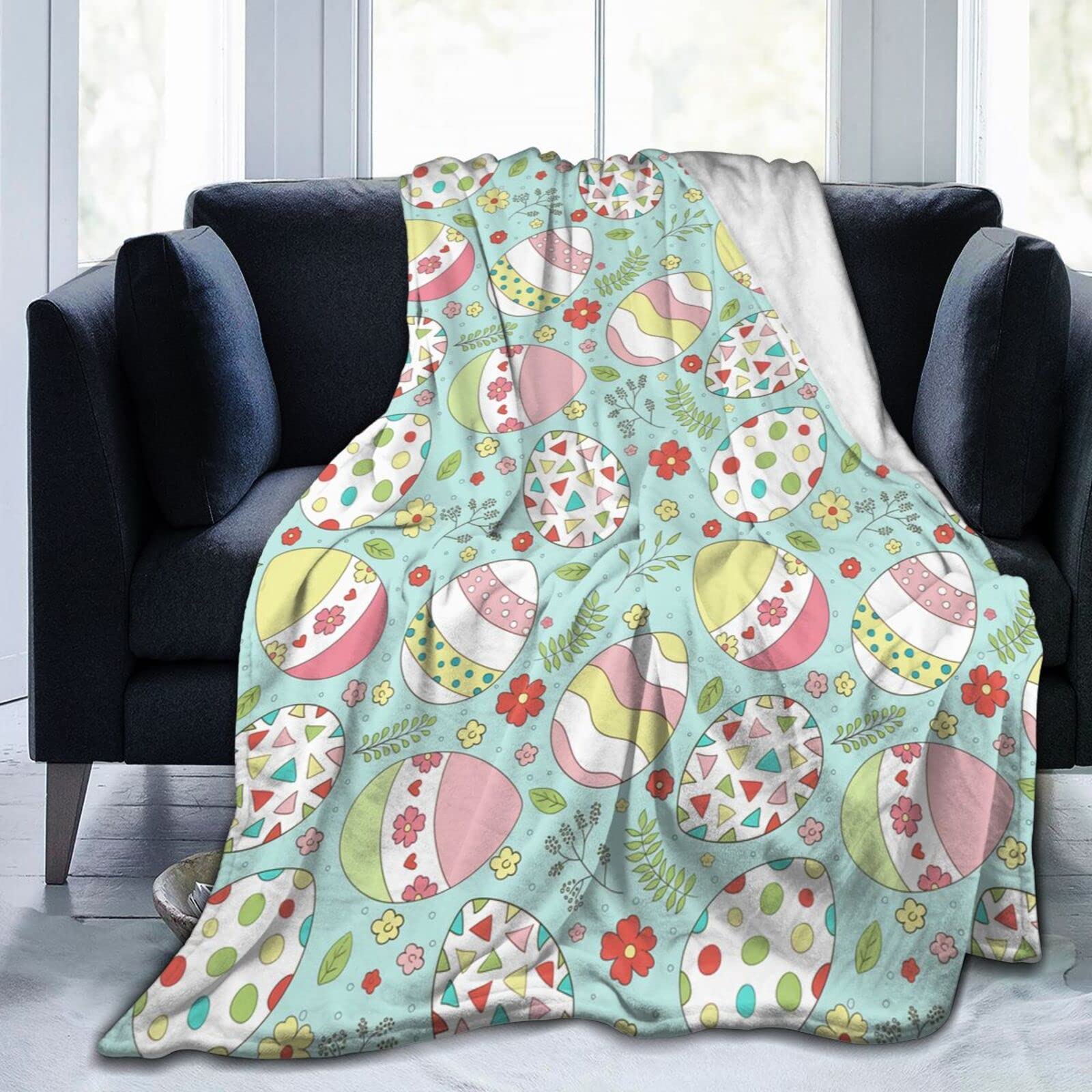 Lsjuee Easter Eggs with Spring Flowers Throw Blanket Soft Cozy Lightweight Blankets Easter Bunny Flannel Blanket for Sofa Couch Bed Office Holiday Decorative 80"X60"