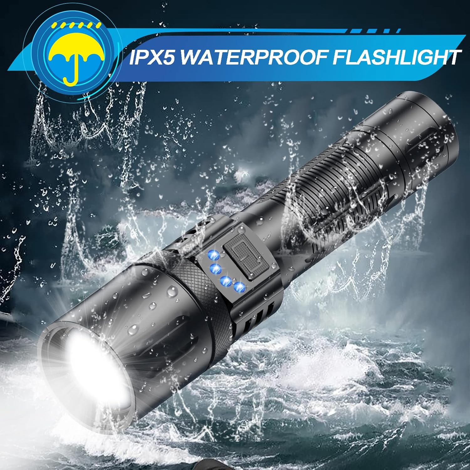 Rechargeable LED Tactical Flashlights High Lumens, 9000 Lumens Super Bright XHP50.2 LED Flashlight, Pocket-Sized, IPX5 Waterproof, Zoomable, 5 Modes Handheld Flashlight for Camping Gear, Emergency - - 