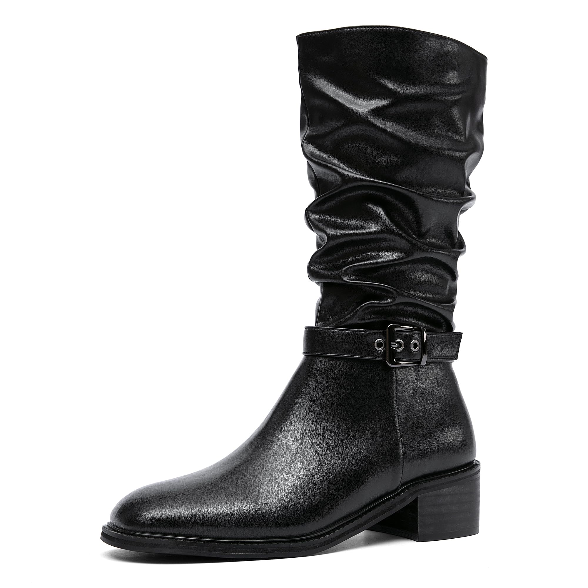 NEWBELLA Womens Slouchy Mid Calf Boots Chunky Heel Booties with Adjustable Locking Straps-Casual Fall Winter Boots