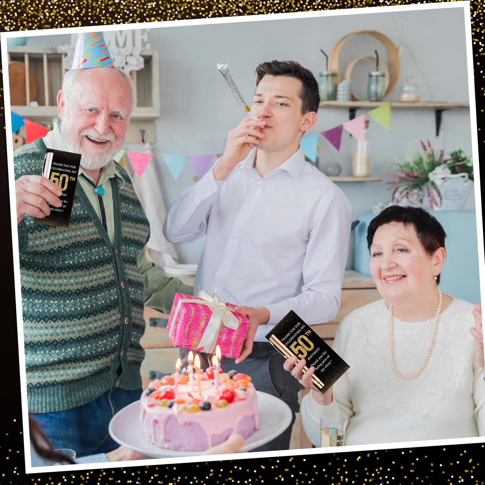 24 Set di bomboniere per festa di 50° compleanno per gli ospiti Cheer to 50 Years Penne a sfera e biglietti di ringraziamento, idee regalo per 50° compleanno, souvenir per uomini e donne, regali per