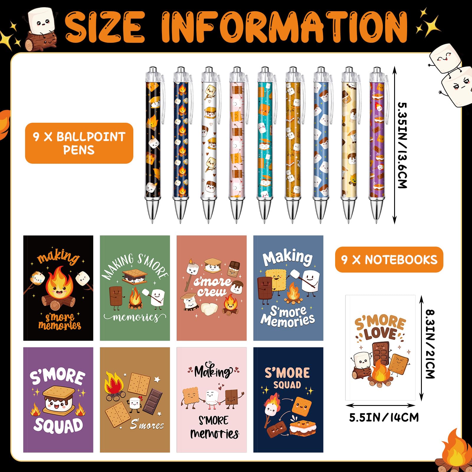 Resurhang S'more Marshmallow-Geschenk-Set, 9 Marshmallow-Notizbücher und 9 Kugelschreiber, lustiges Lagerfeuer-Thema, Schreibwaren, Mitarbeiter-Wertschätzung, Geschenke für Lehrer, Kollegen