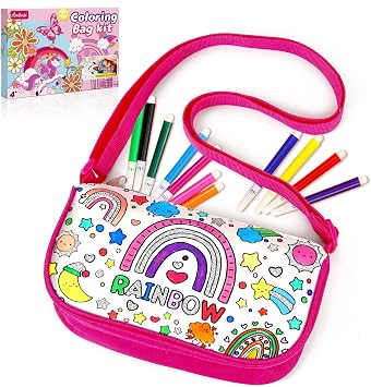 Ambesi Coloring Handbag, Color Your Own Bag, DIY Party Graffiti Bag with 12 Color Pens, Arts and Crafts Kit, Birthday Gift for Girls Rainbow