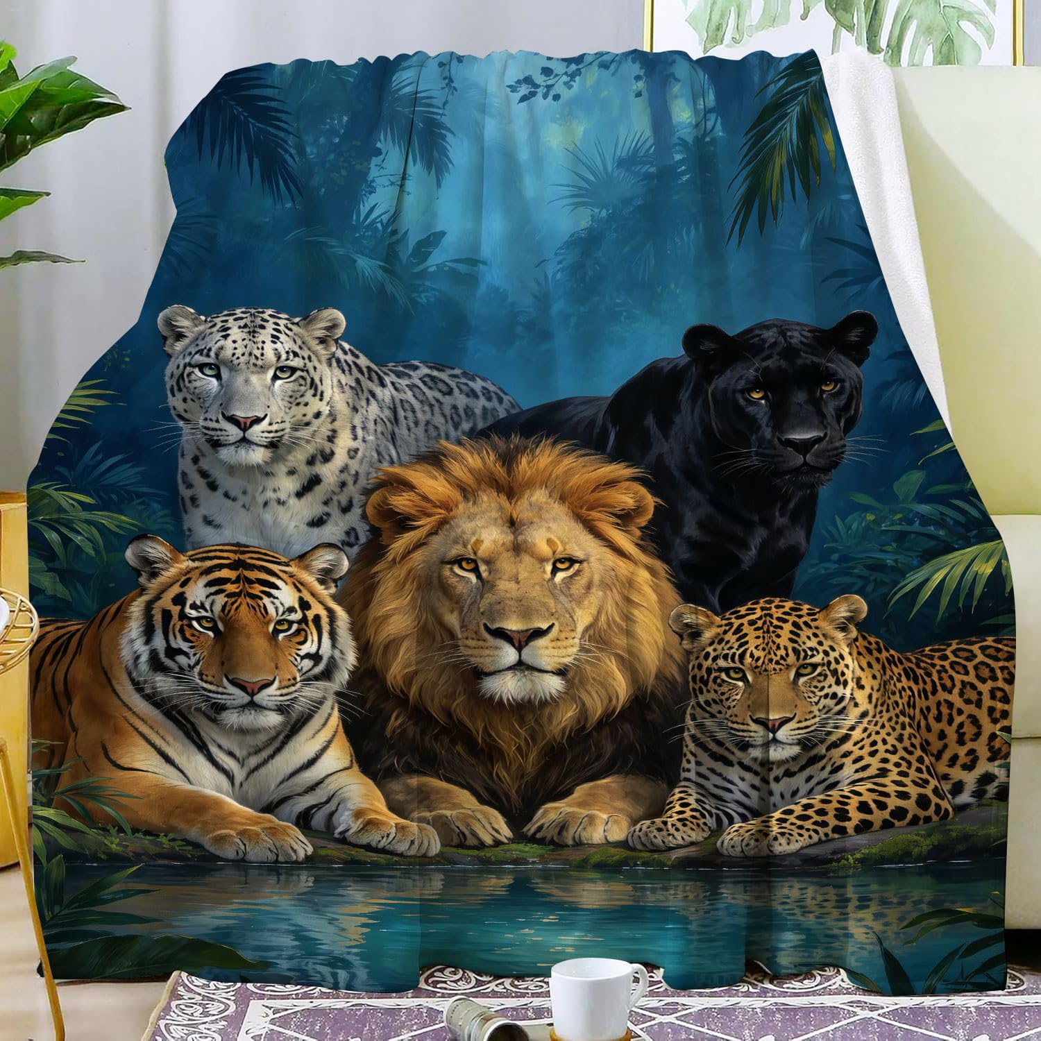 Cool Lion Leopard Tiger Blanket Gifts for Tiger Lovers Women Men Adults Soft Plush Rainforest Lions Leopards Tigers Throw Blankets for Bed Travel Birthday 50"X40"INCH