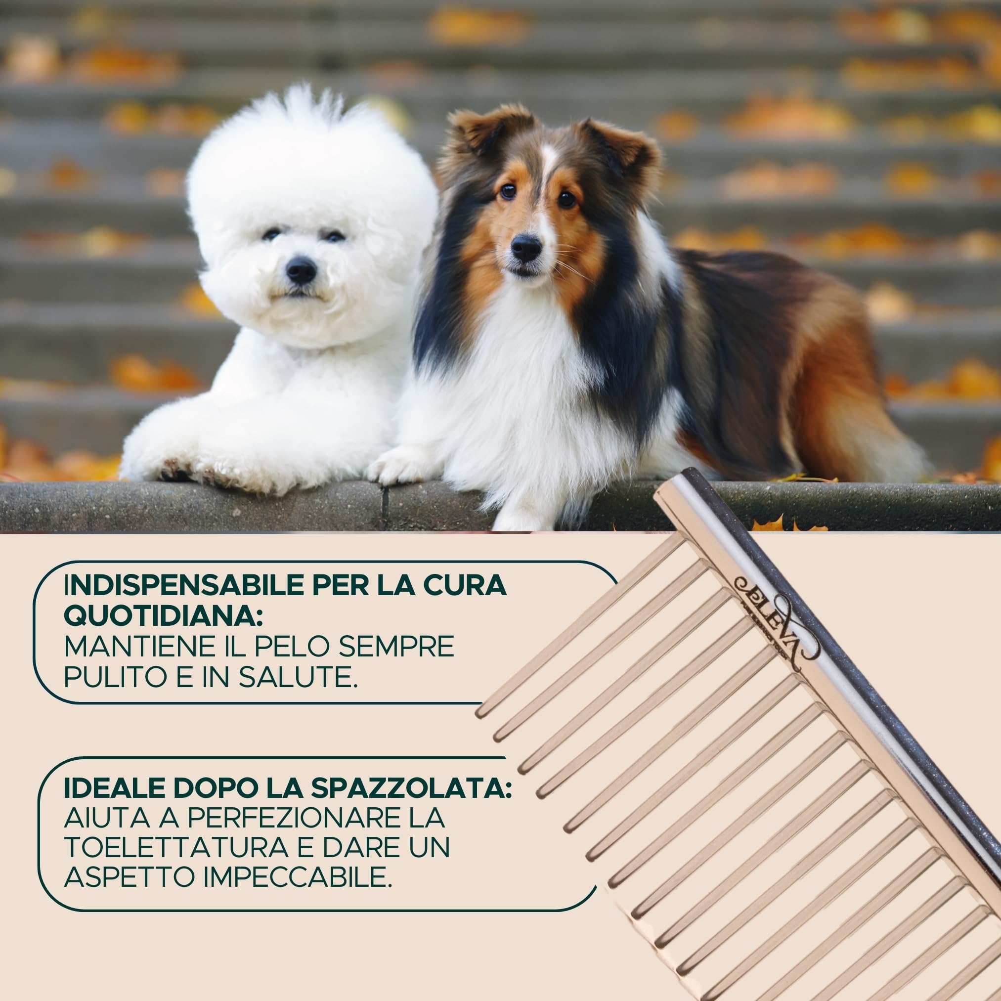 ELEVA PET - Pettine per Cani in Acciaio - Denti Larghi e Stretti - Toelettatura Professionale - Rimuove Nodi e Residui - Ideale per Pelo Lungo e Corto - Mantiene il Manto Pulito e Sano - Made in Italy