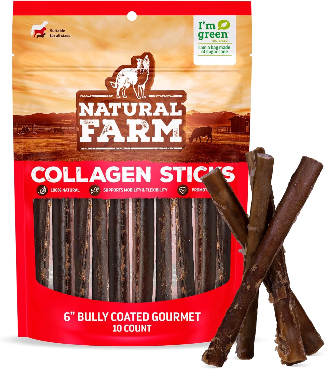 Natural Farm Odor-Free Bully Coated Gourmet Collagen Sticks (6 Inch, 10 Pack), Real Bully Beef Coated, 95% Natural Collagen, Supports Healthy Joints, Skin & Coat - Best for Small & Medium Dogs