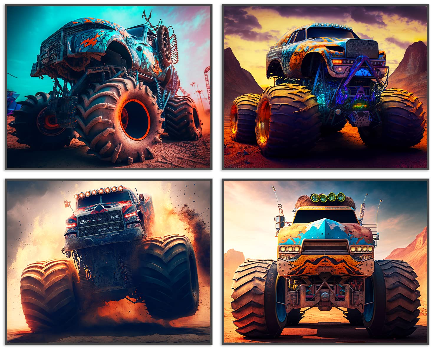 CNG DIGITAL Monster Truck Posters For Boys Room Car Poster Set of 4 Unframed (8''x10'') Monster Truck Wall Art Prints Aesthetic Posters For Bedroom Kids Room Wall Art Playroom Decoration