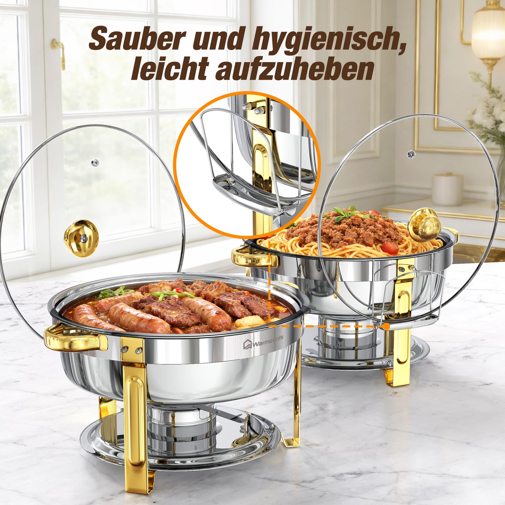 WARMOUNTS 6L Chafing Dish 4er Set Silber & Gold, Runder Speisenwärmer Edelstahl mit Glasdeckel, Stapelbarer Warmhaltebehälter Buffet Rechaud mit Deckelhalter für Gastronomie, Party, Hochzeit