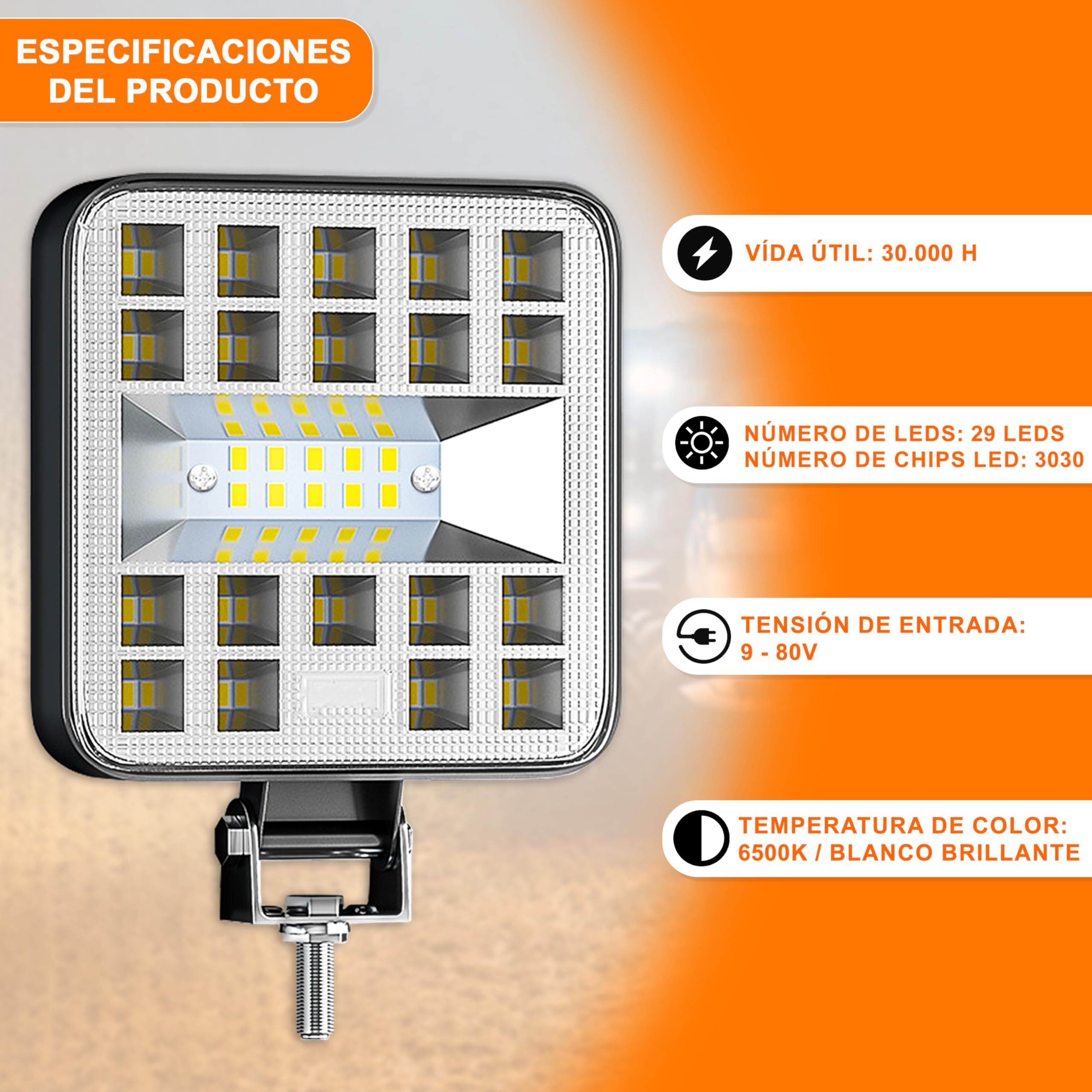 Foco led 12v 2 uds aluminio abs 29 led 6500K 8.4 cm 3.34" IP65 120% maxima luminosidad faros tractor 4x4 largo alcance