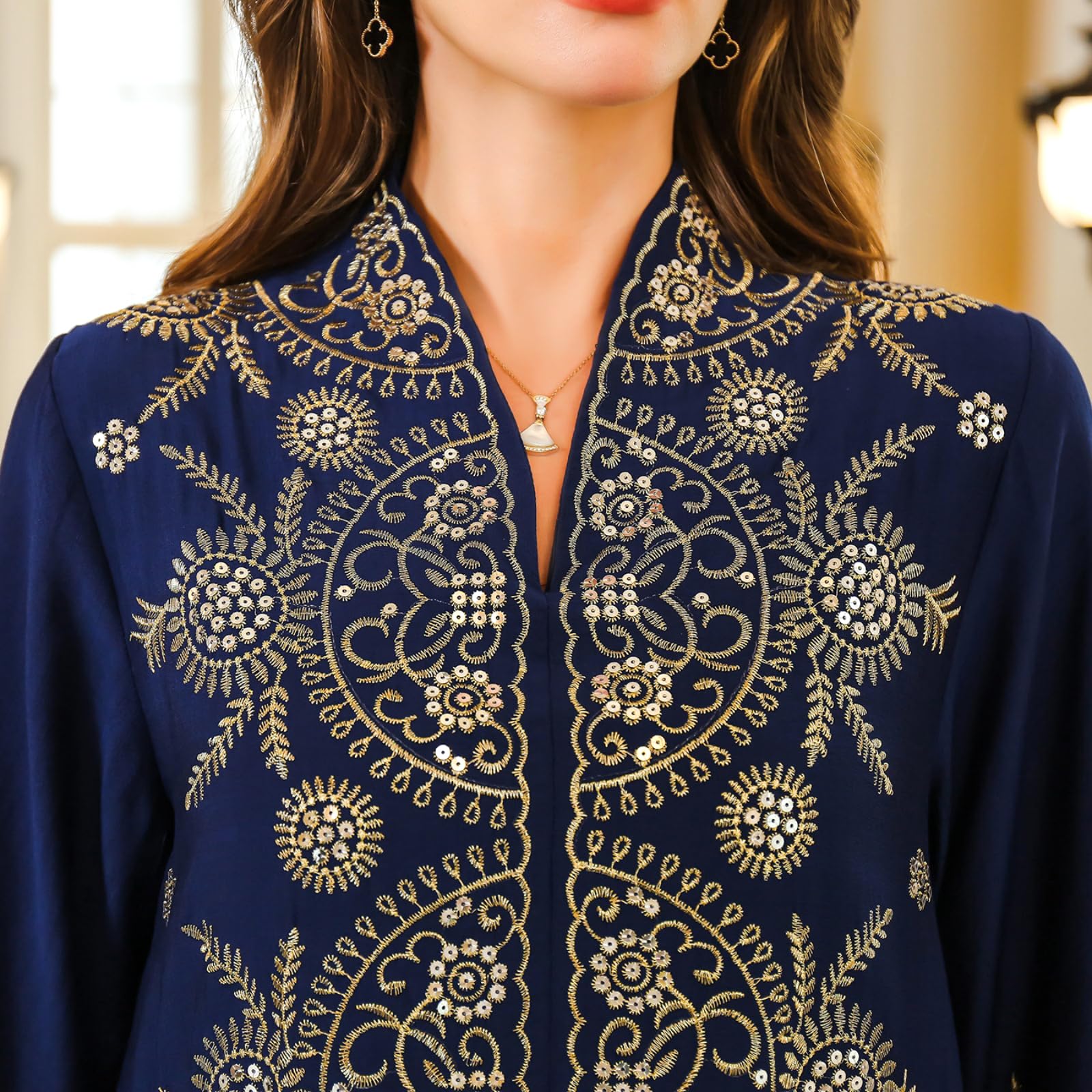 zhxinashu Abaya de Mujer Musulmana con Flores, Vestido Largo Tradicional con Intrincado Estampado Floral, Kaftan Mujere de Largo Completo para Fiesta de Boda, Celebraciones de Ramadan(Azul,L)