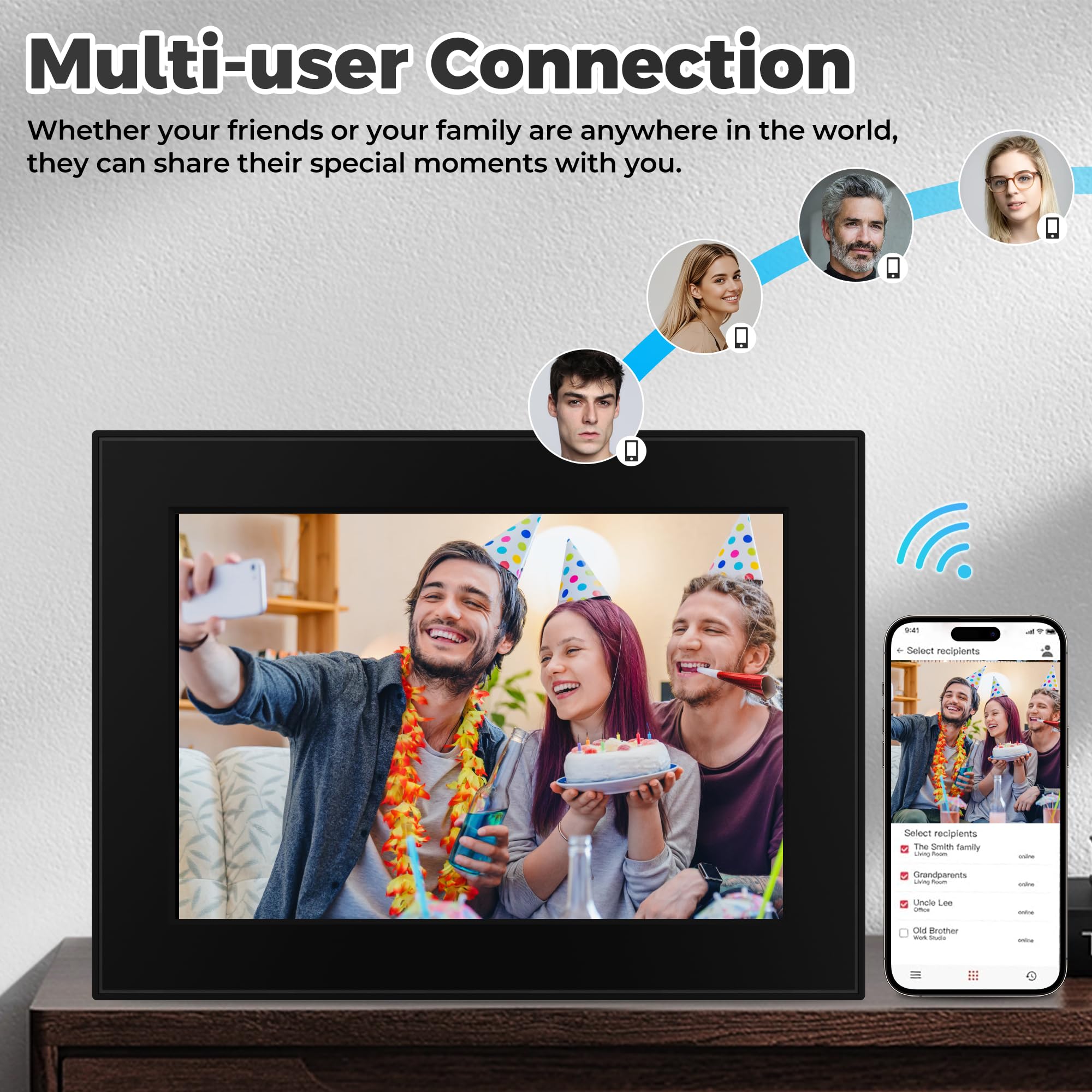 Marco de fotos digital WiFi de 32 GB, marco de fotos Frameo de 10.1 pulgadas, pantalla táctil IPS HD de 1280 x 800, rotación automática, comparte fotos/videos al instante a través de la aplicación