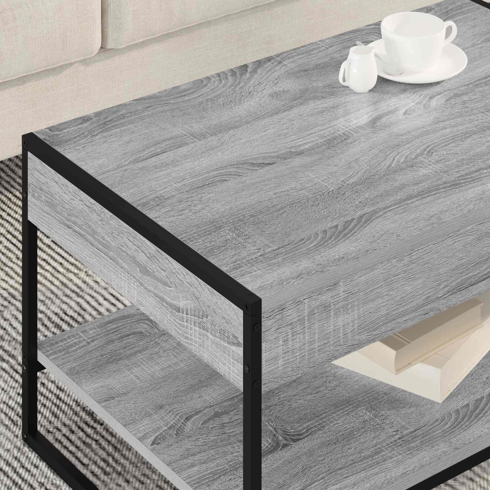 Couchtisch Graues Sonoma Holzwerkstoff 80 x 50 x 40 cm mit Ablagefach und Stahlbeinen moderner Wohnzimmertisch für Sofa Lounge mit Stauraum und Ablagefach