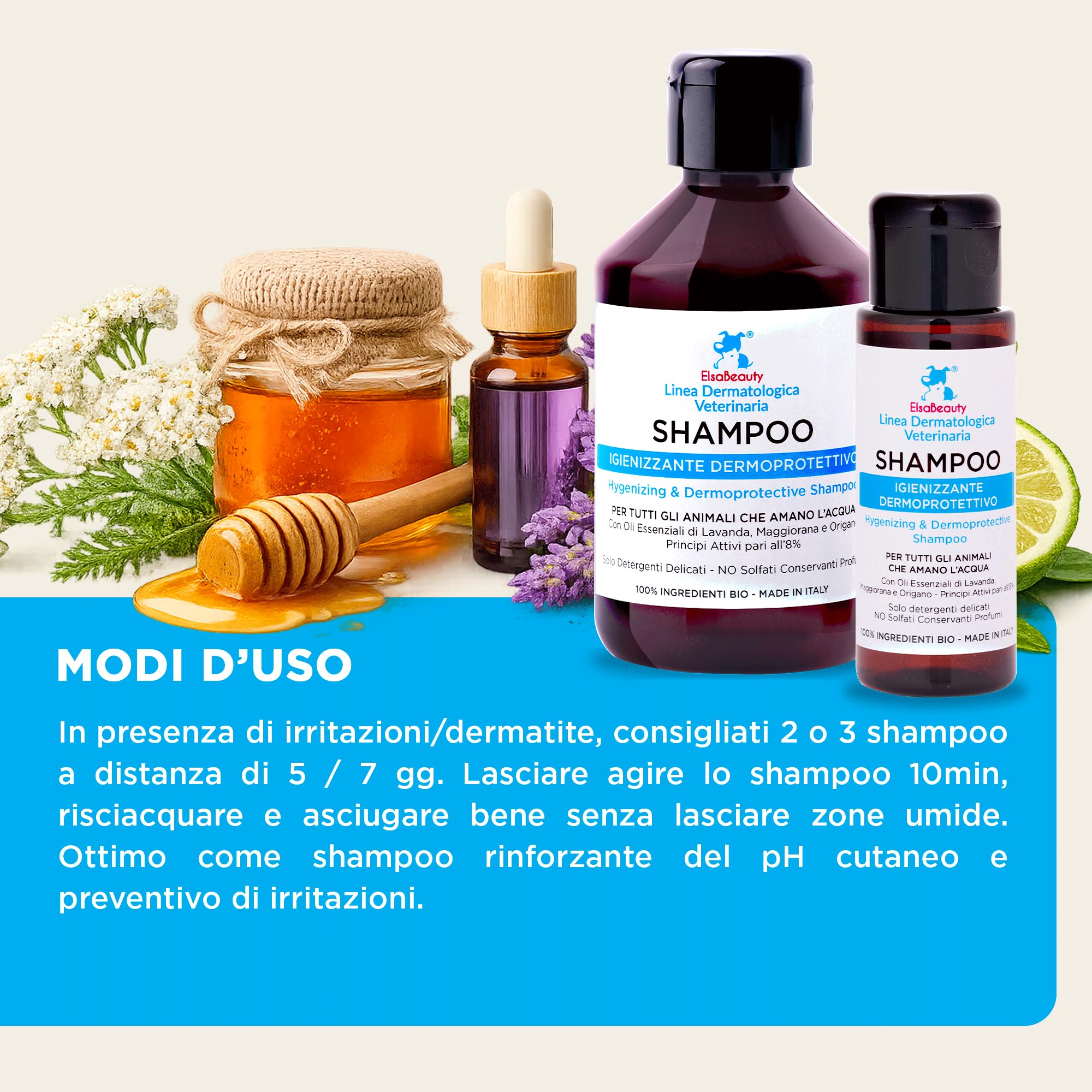 Shampoo Igienizzante Dermoprotettivo per Cani e Gatti, Cute Sensibile e Dermatite, 100% Attivi Naturali,