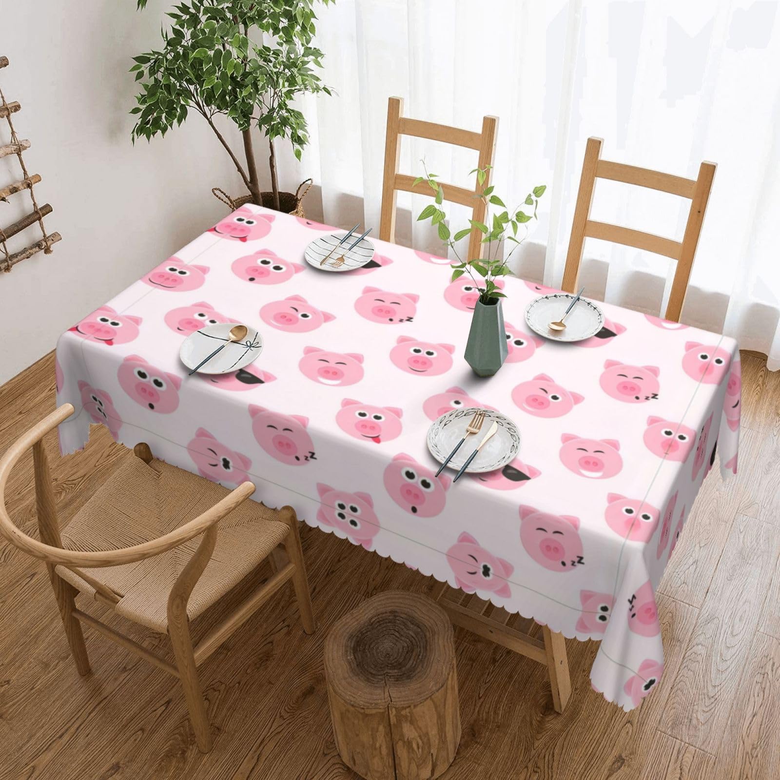 QAZWZML Funny Pink Pig Face Printed tablecloth, made of thick polyester with lace trim, suitable for dining rooms, picnics, and weddings