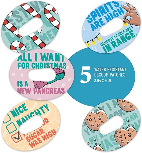RockaDex Parches adhesivos de diseño navideño, paquete de 5 mezclas compatibles con Dexcom, Libre, Medtronic y Omnipod - Fabricado por una familia