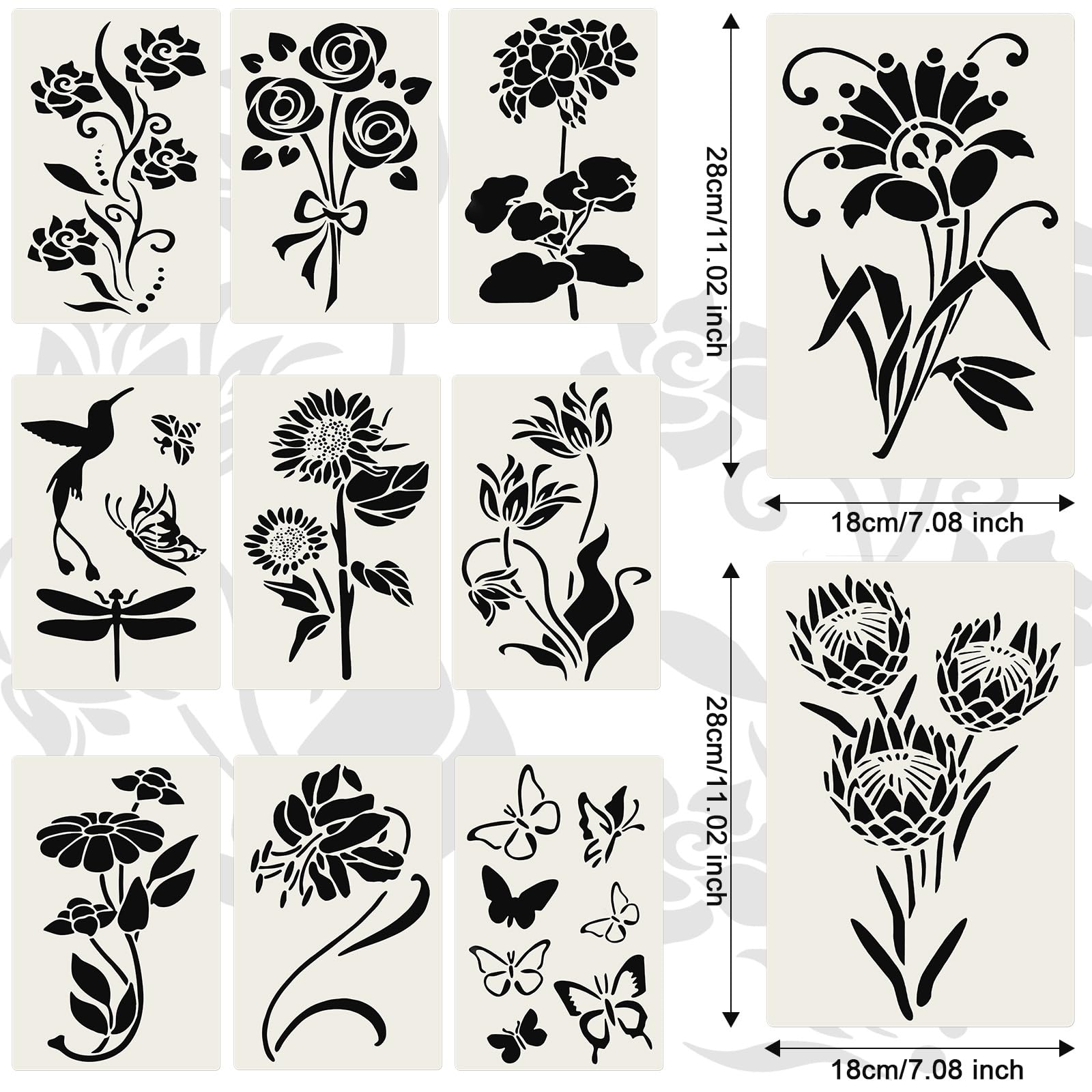Lot de 11 pochoirs muraux réutilisables pour travaux manuels, grands modèles de motifs floraux pour projets artistiques de décoration d'intérieur