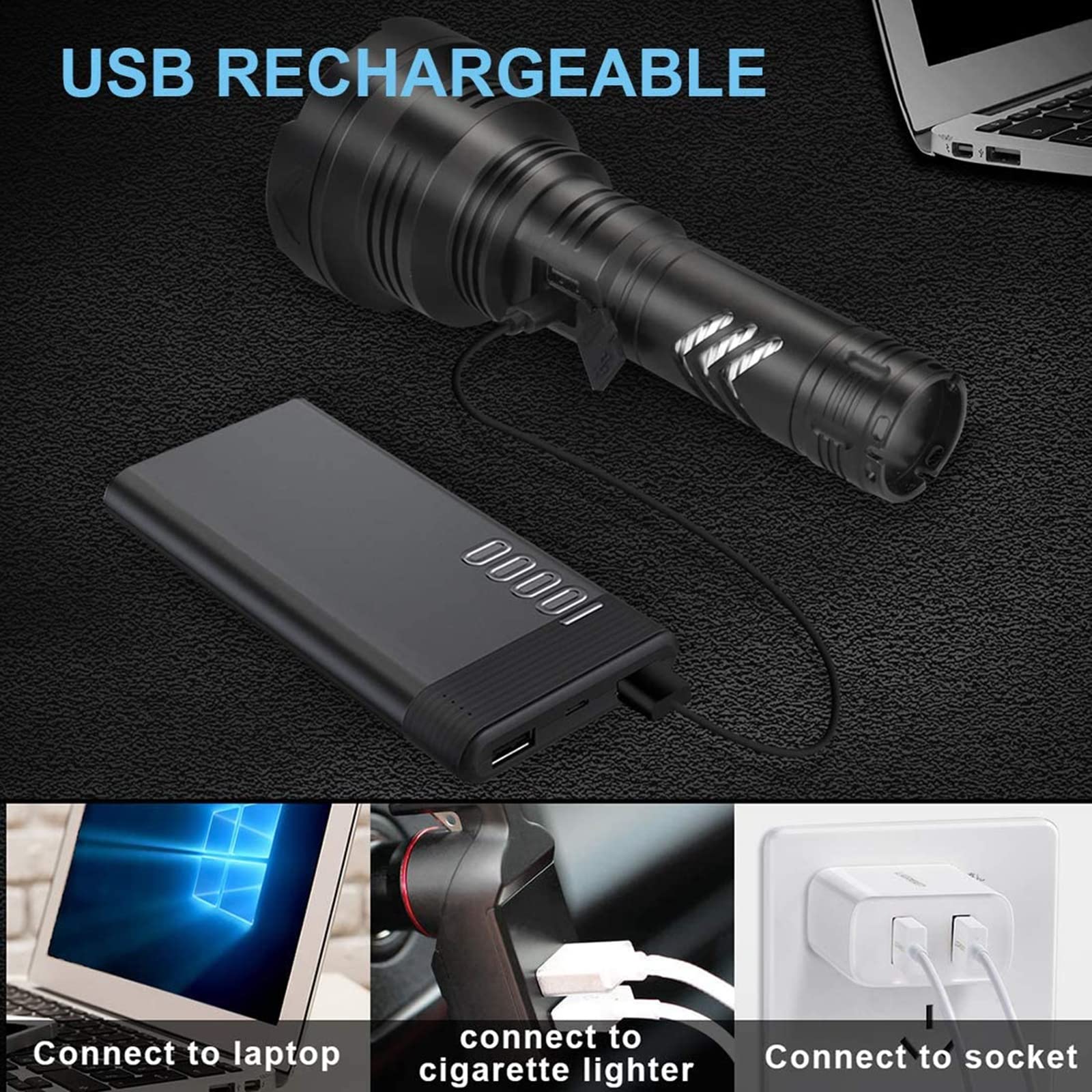 Linterna LED De Alta Potencia. Linterna Táctica De 2800 Lúmenes, Militar Recargable De 5 Modos, Reflector para Exteriores con Batería Recargable