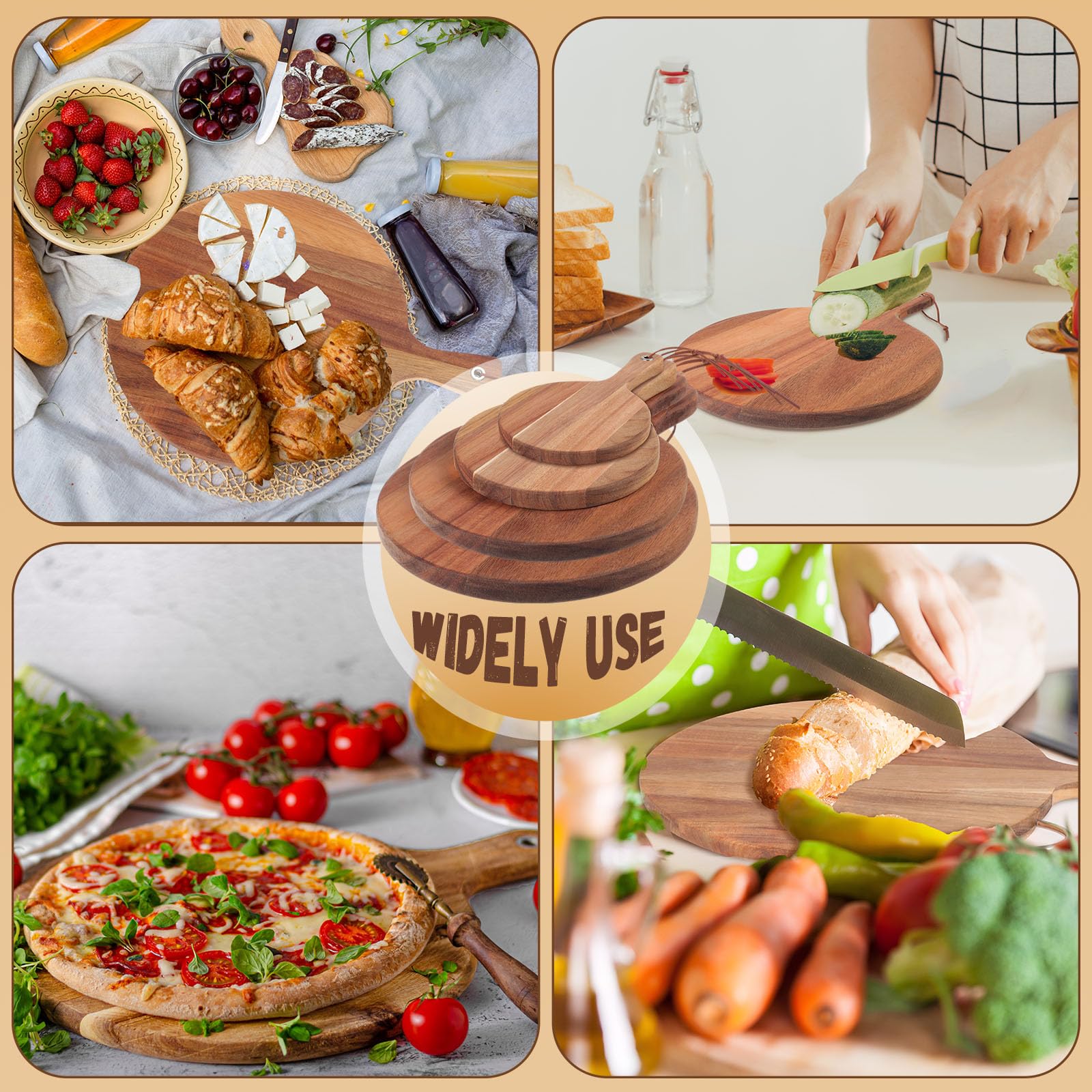 Uiifan Deska do krojenia z drewna akacjowego z uchwytem, grube okrągłe deski do krojenia, deski do krojenia, do serwowania mięsa, sera, pizzy, chleba, pieczenia, 20 szt. (4 rozmiary)
