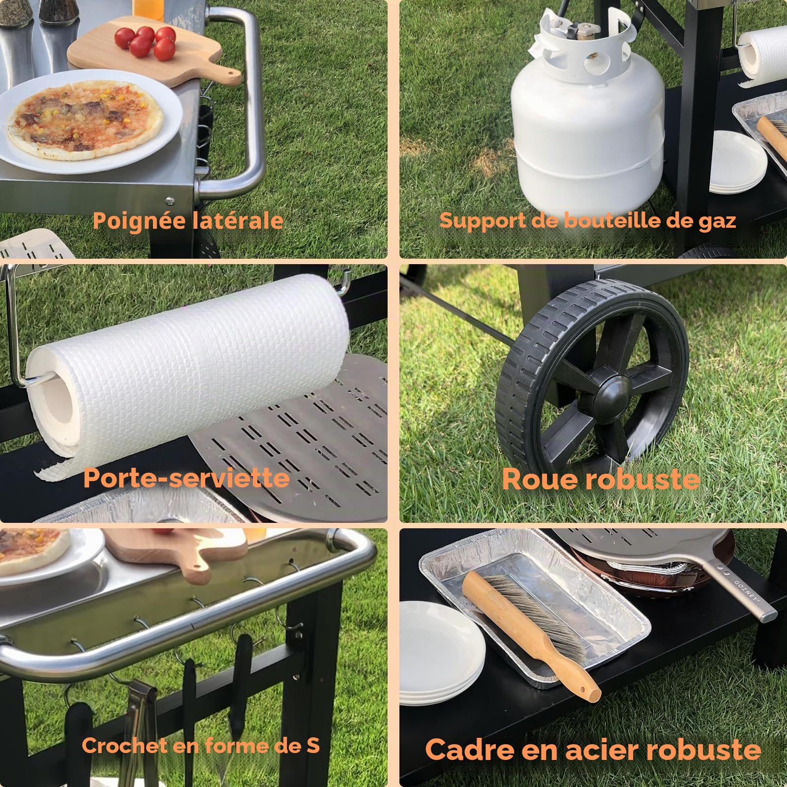 GFTIME Table de Barbecue en Acier Inoxydable avec 2 étages, Support de Four à Pizza, Table de Barbecue pour l'extérieur, Chariot de Travail avec 5 Crochets, Chariot de Service extérieur, Table