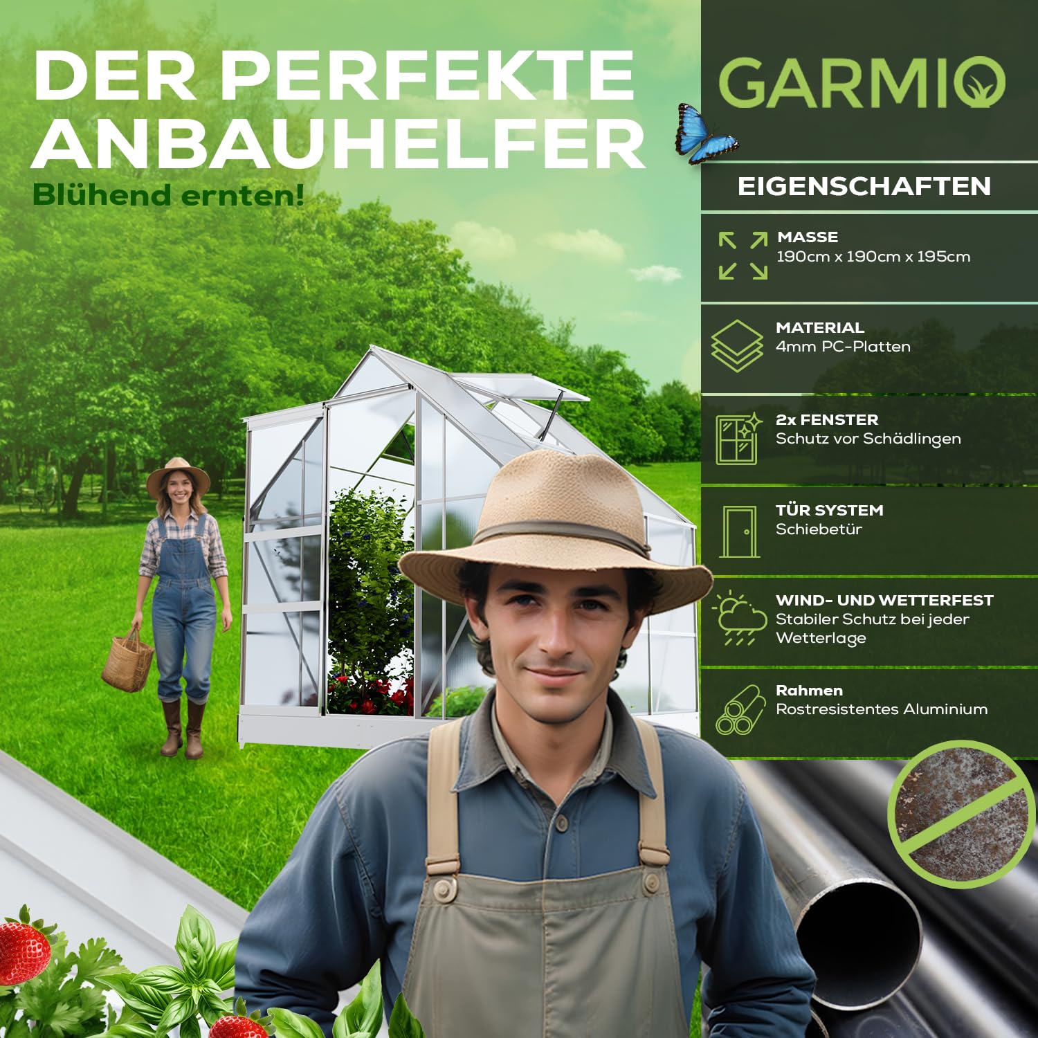 GARMIO® Gewächshaus Cuneo 190x190cm für den Garten, Alu Frühbeet inklusive Fundament, 2 Dachfenster Treibhaus Aufzucht Pflanzenhaus Tomatenhaus 3,7m² UV-Schutz