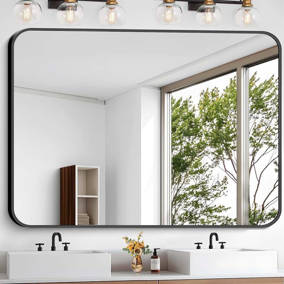 Bathroom Mirror, 48 x 40 inch Black Rectangle Wall Mirror, Metal Frame Rectangular Vanity Mirror, Rounded Corner Wall Mounted Mirr