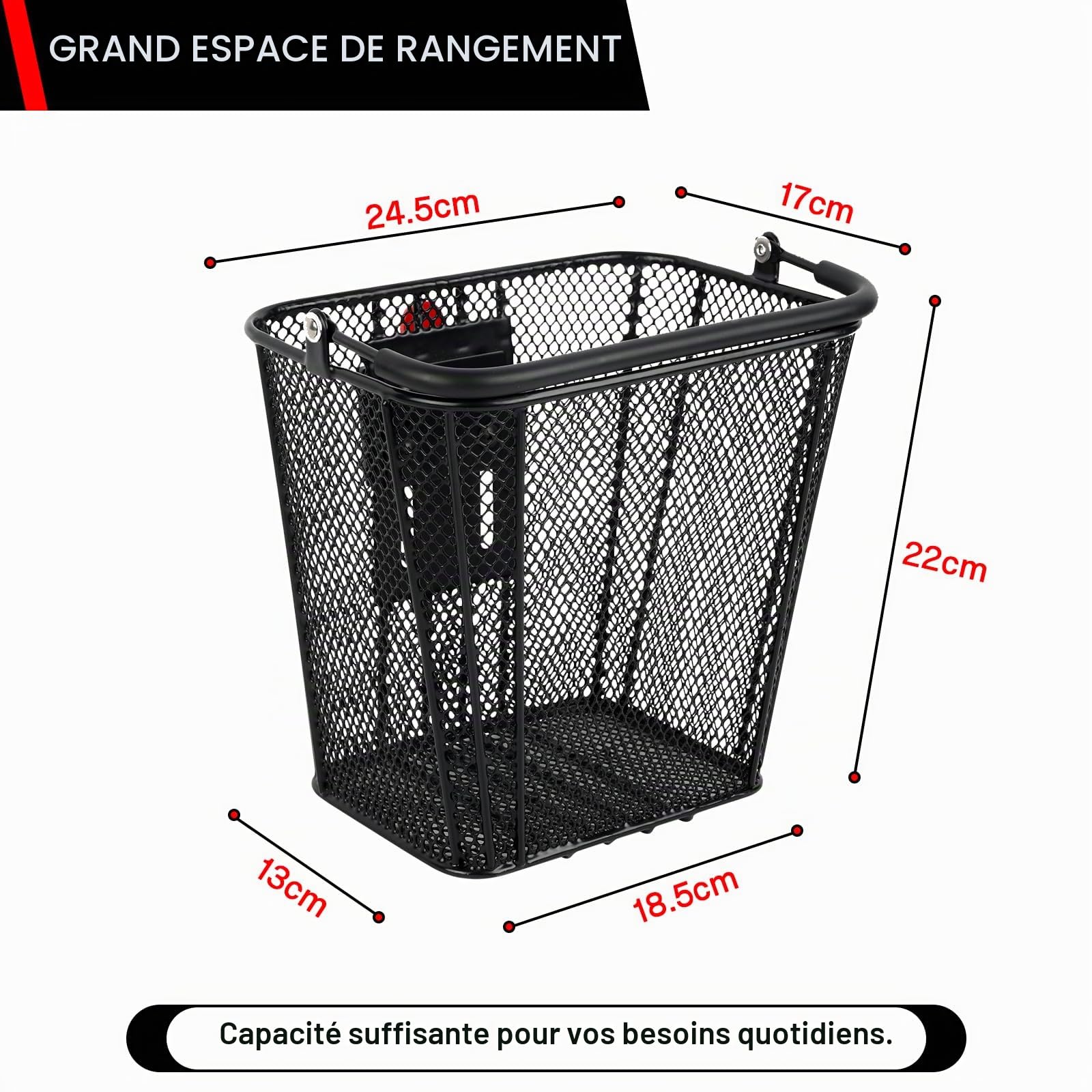 Panier Avant Trottinette Électrique, Panier de Guidon Amovible | avec Fixation Rapide, Compatible Guidon 34–62mm, Charge Max 15kg, Panier Métallique Solide avec Poignée, 22x17x24,5cm