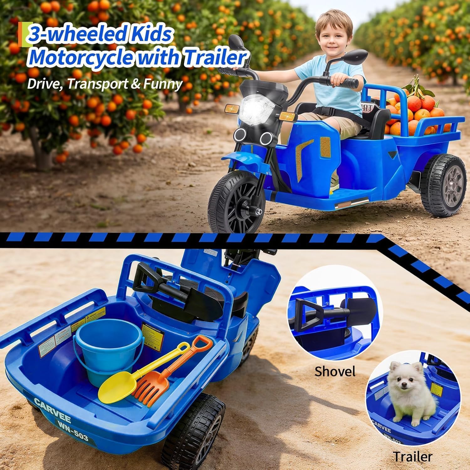 Elektrischer Traktor mit Anhänger 12V, Tuk-Tuk für Kinder, Dreirad, Musik, LED, Hupe – Elektrisches Kinderfahrzeug, Outdoor Spielzeug, 3-6KM/H, Elektro-Trike für Kinder von 3–8 Jahren