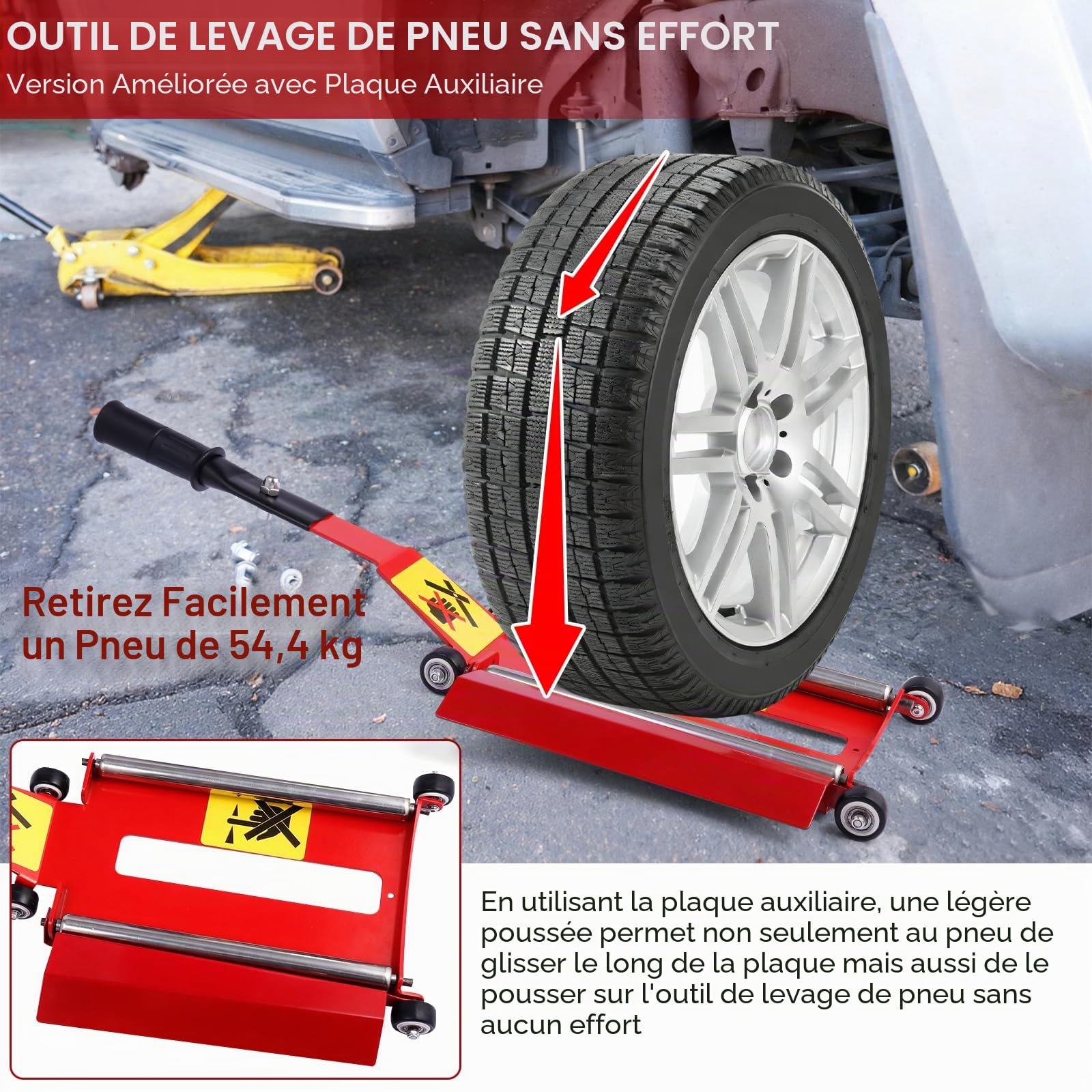 Wayona Cric de pneu portable avec plaque roulante, outil de levage de pneu avec poignée amovible pour voitures, SUV et camions tout-terrain, outil de cric de levage de pneu sans effort pour le retrait