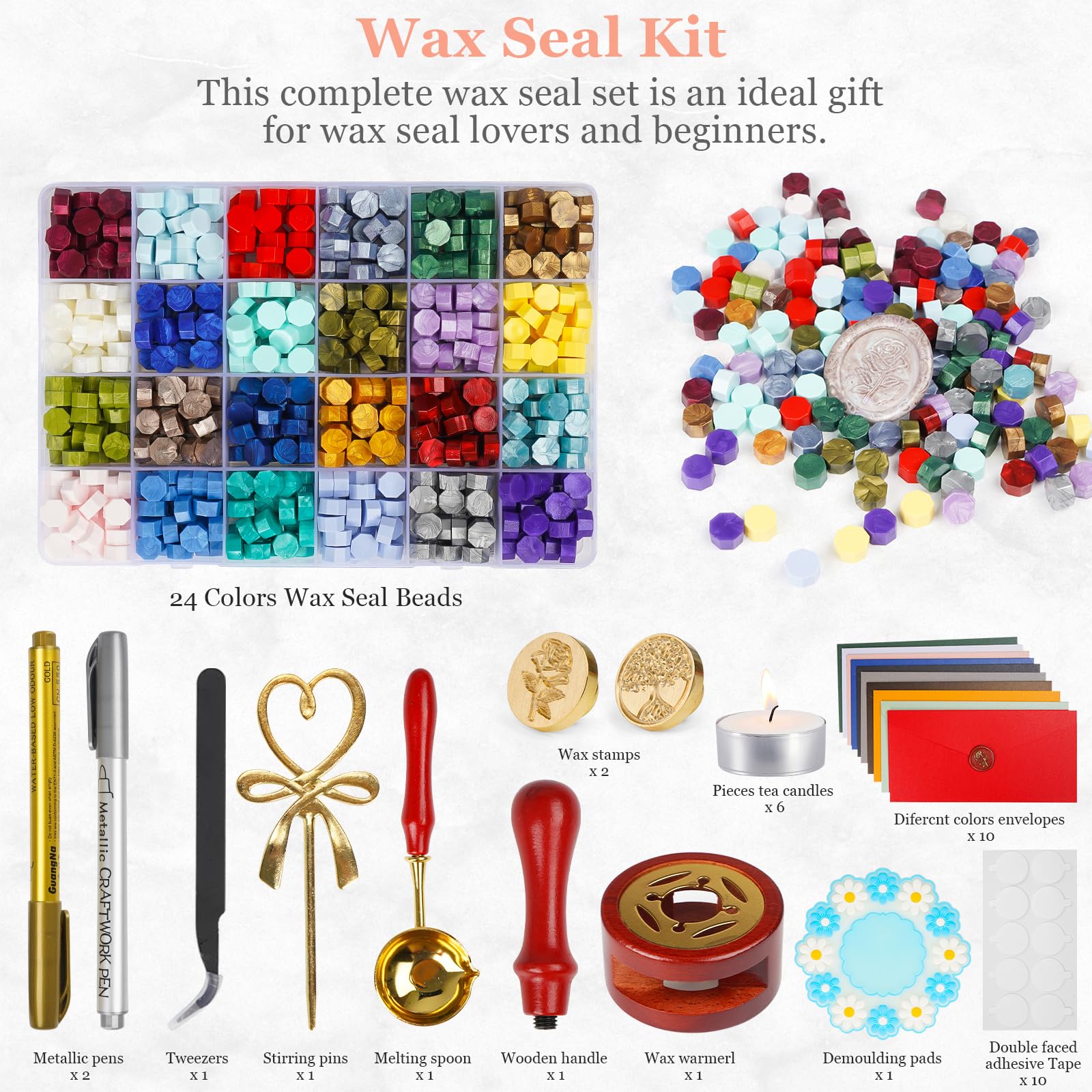 Kit di timbri per ceralacca con 24 colori e 600 perline per ceralacca con timbro per ceralacca scaldacalacca penna metallica e busta Ceralacca Kit per inviti a nozze lettere e confezioni regalo-2