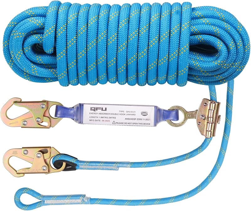 Heavy Duty Fall Protection Rope for roof & tree climbing. Includes safety harness, alloy steel clips, shock-absorbing lanyard