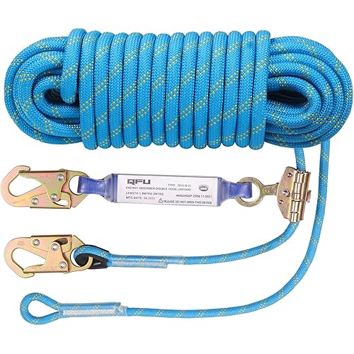 Heavy Duty Fall Protection Rope for roof & tree climbing. Includes safety harness, alloy steel clips, shock-absorbing lanyard