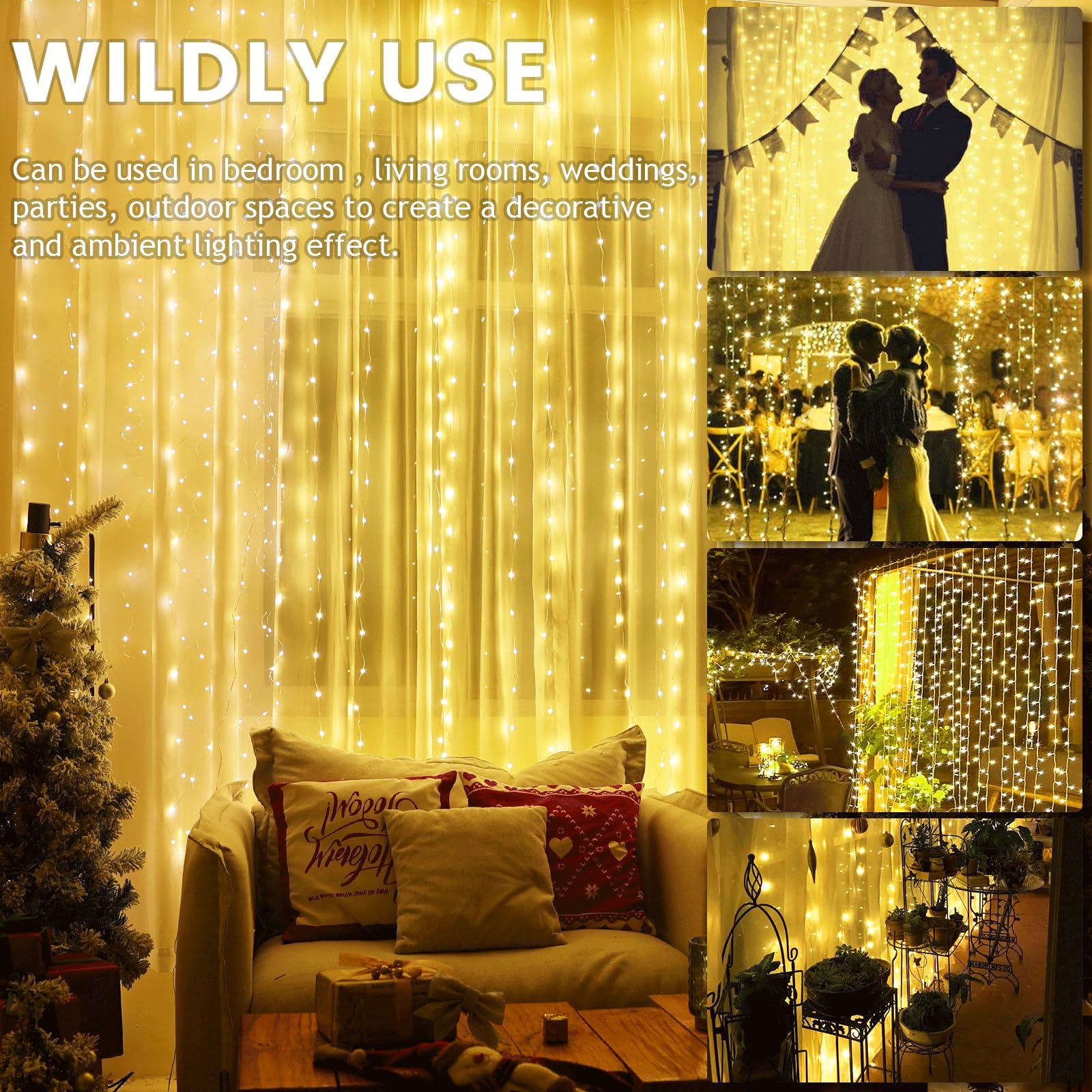 Rideau lumineux pour chambre à coucher, 2,9 x 2,9 m, rideau lumineux avec télécommande, 300 LED, 8 modes clignotants, prise USB pour toile de fond, fenêtre, mur, intérieur et extérieur (blanc