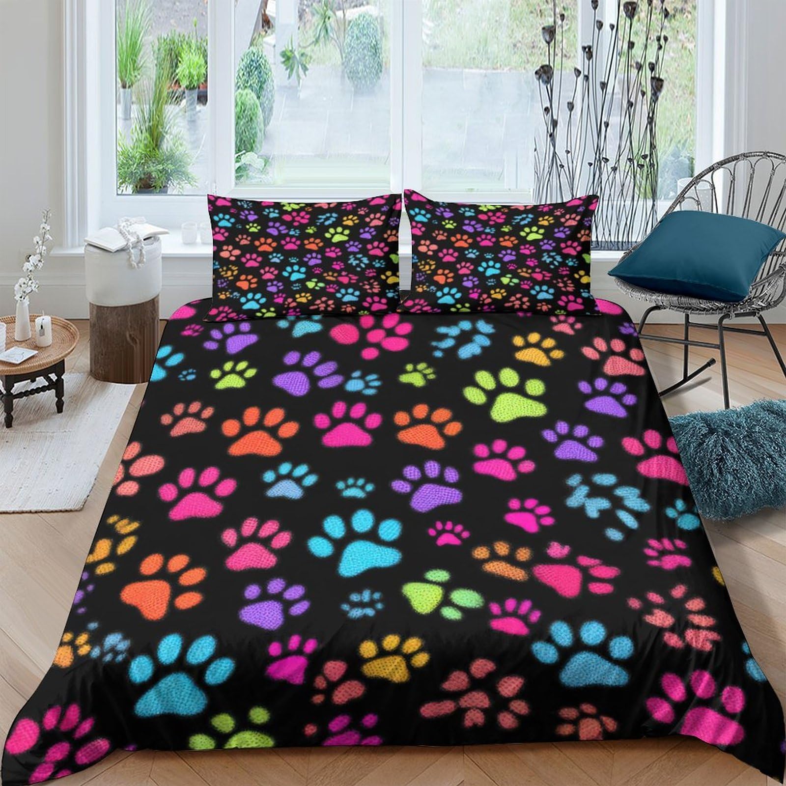 Ctjqhvkz Style-3 3D Printed Colorful Paw Pattern Fitted Sheet Microfiber Soft Anti-Slip Black Bed Cover For Bedroom Guestroom Decor Single（135X200cm）