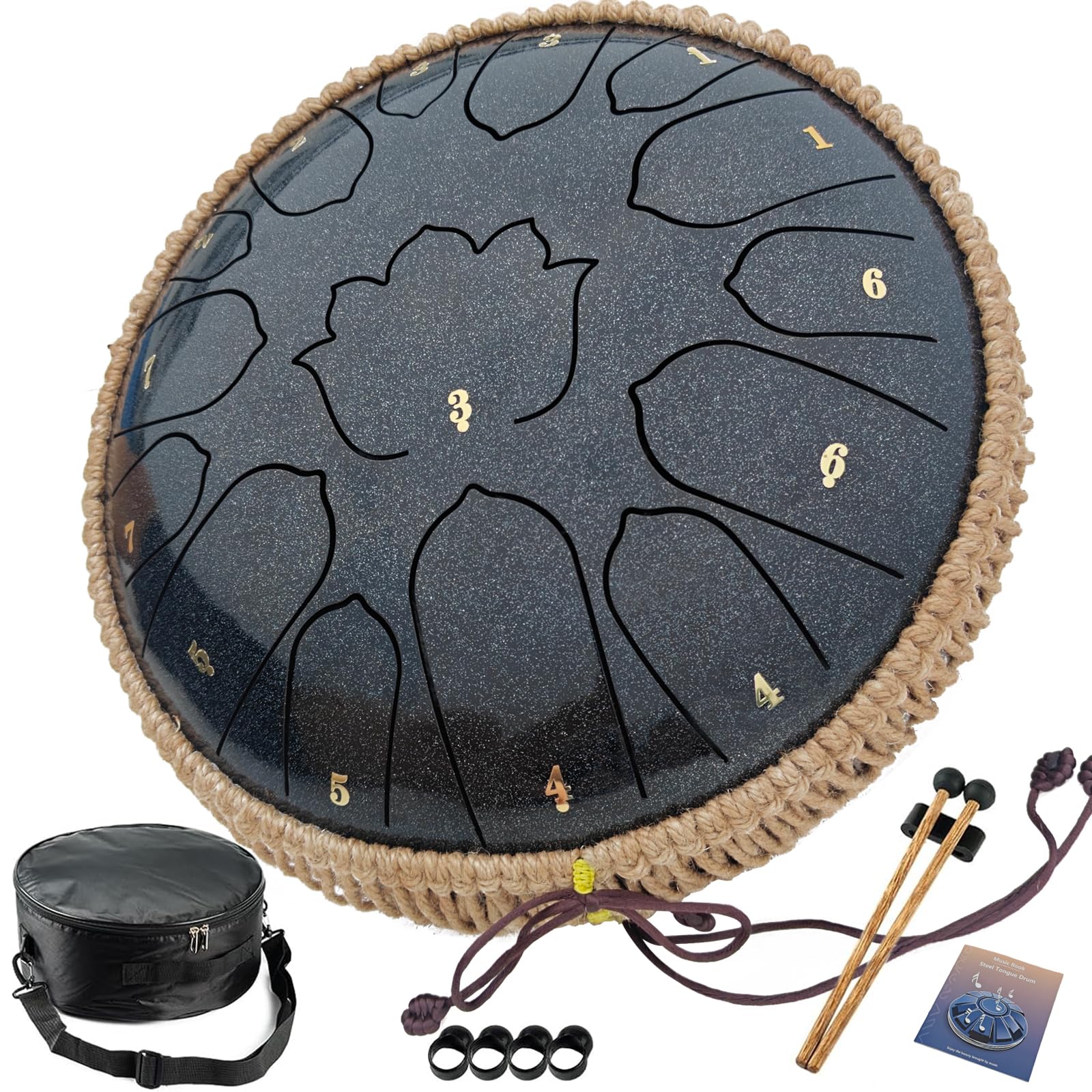 BETESINE 33cm(13인치) 15노트 스틸 텅 드럼 - 요가, 명상 및 스트레스 완화를 위한 C 메이저 핸드팬 및 레인 드럼 - 망치, 음악책 및 휴대용 가방 포함 (스타리 블랙)