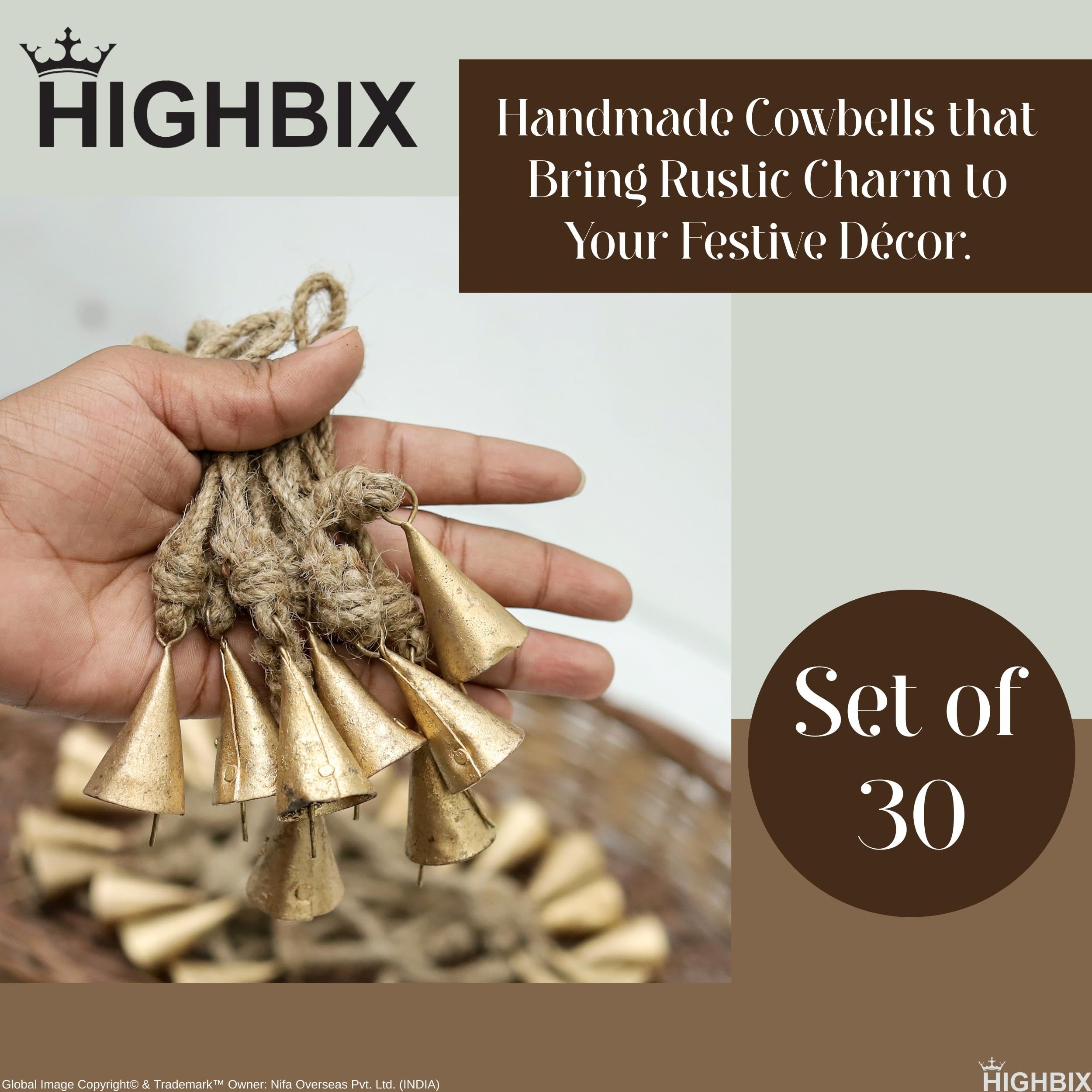 HIGHBIX Juego de 30 campanas de vaca, de 4 cm, estilo vintage, rústica, con cuerda y bolsa de yute