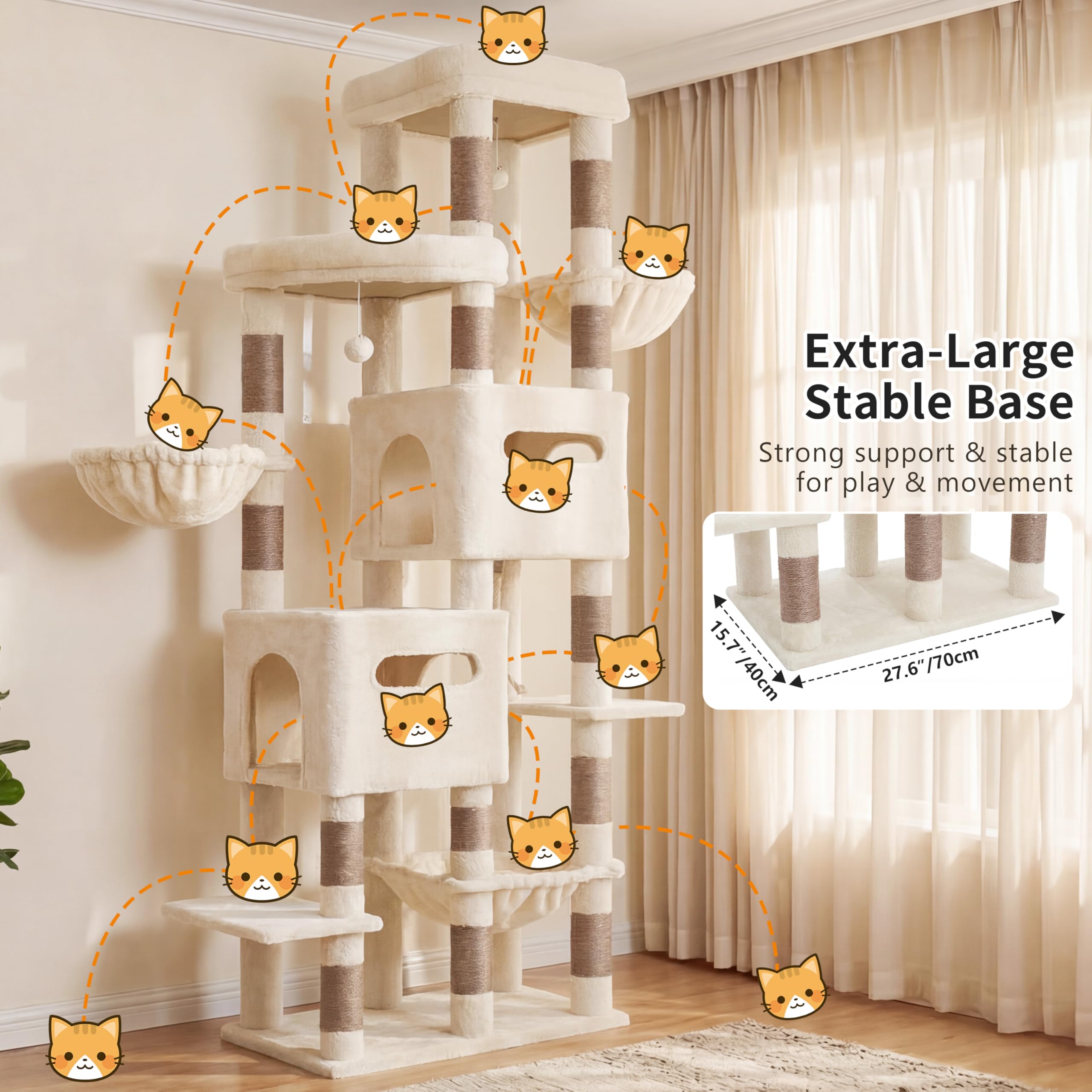 Heybly Árbol Rascador para Gatos Grandes, 190 cm Rascador para Gatos XXL, Torre Alta y Espaciosa con Amplia Plataforma Superior, Base Estable, 2 Casitas, Hamaca y Postes de Sisal, Beige HCT062MJ