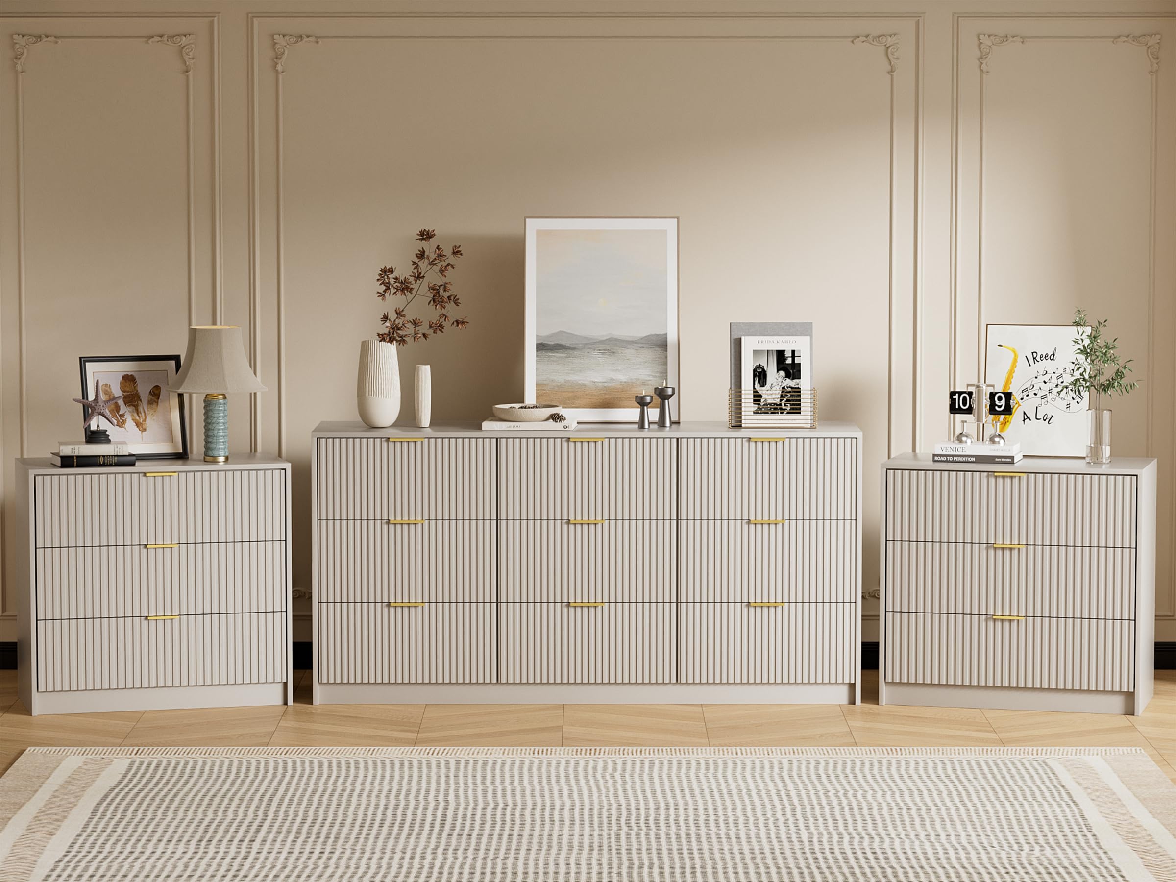 3 Piece Modern Bedroom Set, 9 Drawer Dresser with 2 Nightstands, Beige
