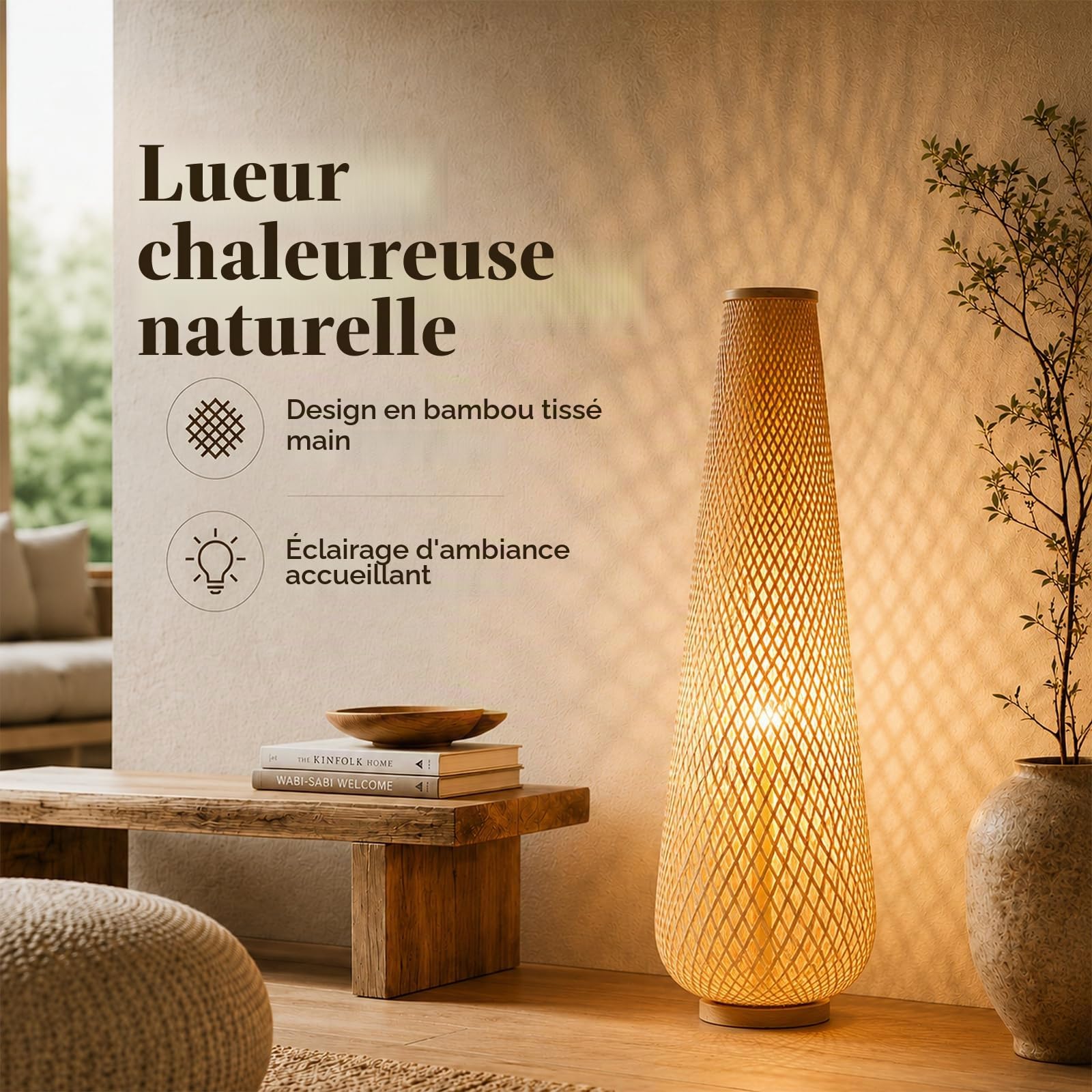 Lampe Sur Pied En Bambou Bohème-rustique, 93 CM, Rotin Et Osier, Inspirée Des Lanternes En Papier, Douille E27, 3 Températures, Socle En Bois, Pour Salon Ou Chambre (Ampoule Incluse)