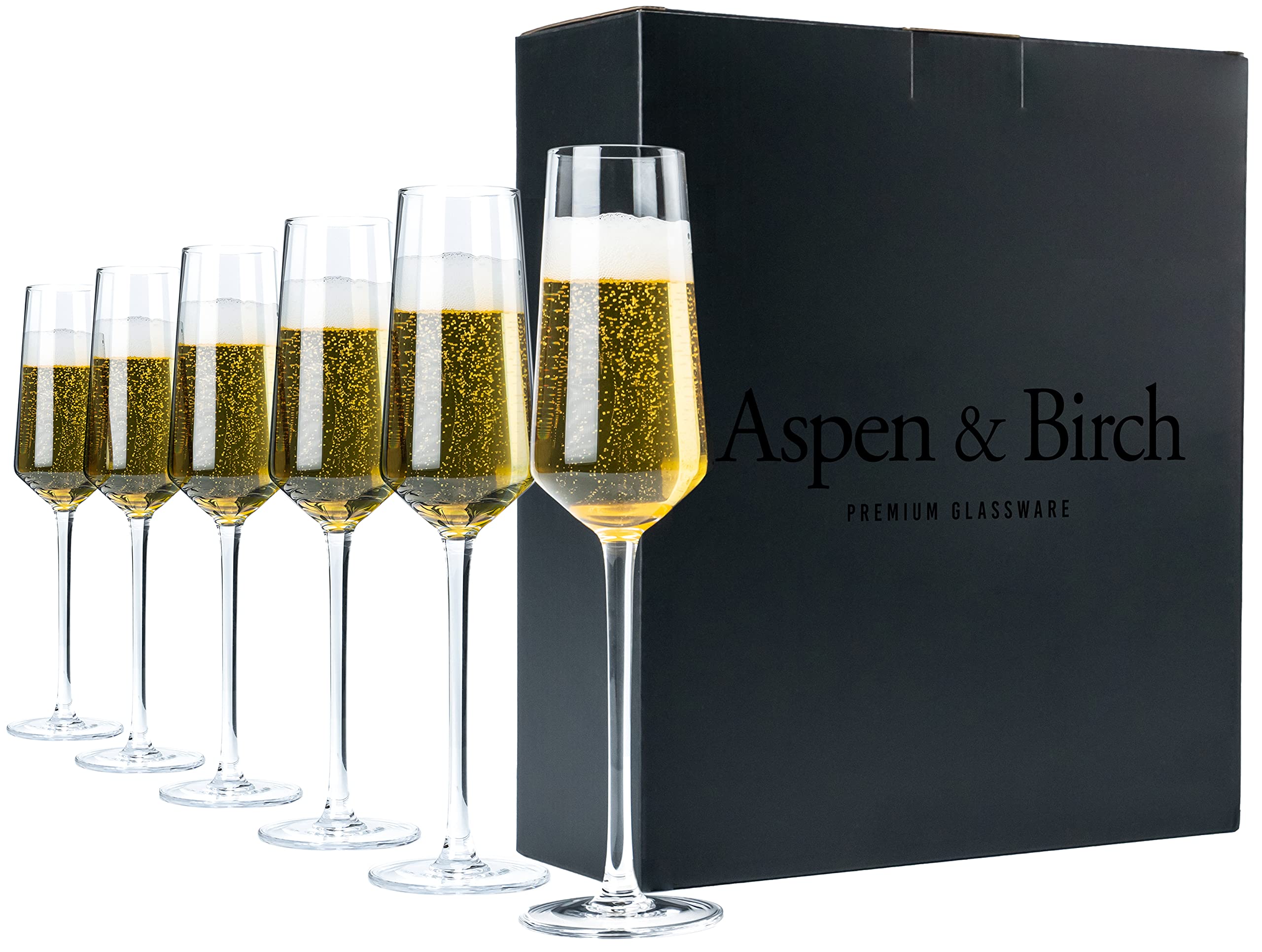 Aspen & BirchClassic Champagne Flutes Set of 6 - Champagne Glasses - Mimosa Glasses, Premium Crystal Stemware, Clear, 6 oz, Hand Blown Glass Champagne Flutes - Hand Crafted by Artisans
