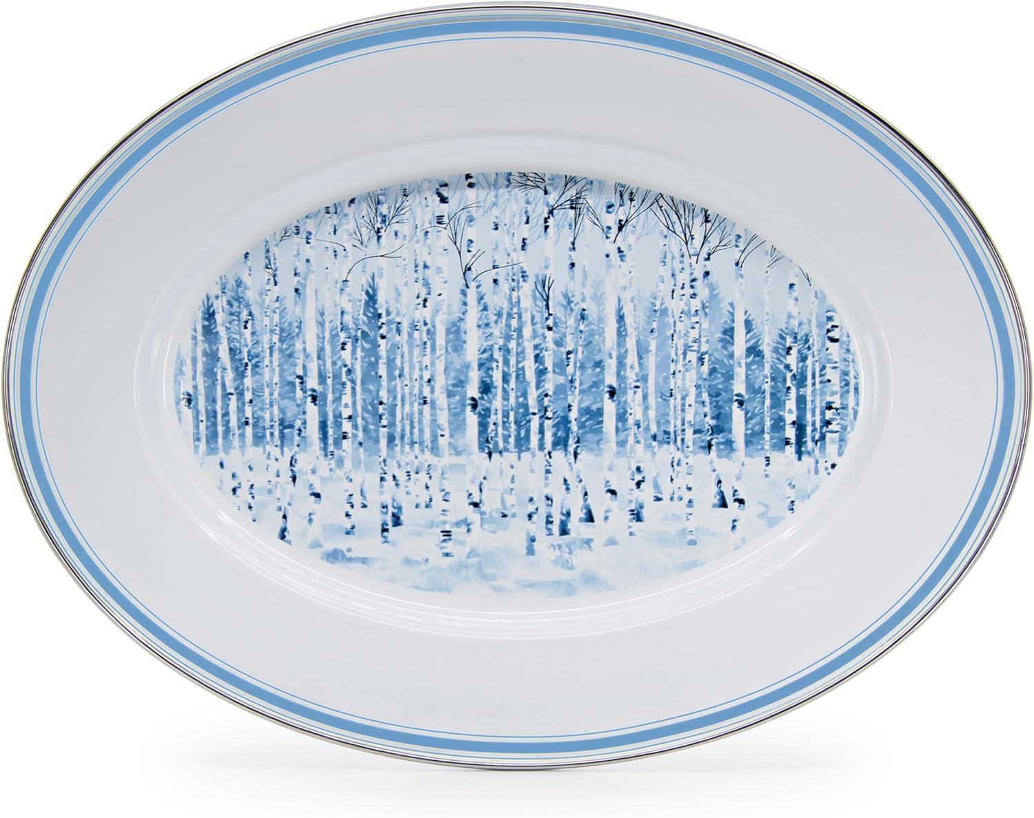 Blue and White Ceramic Oval Platter with Metal Accents