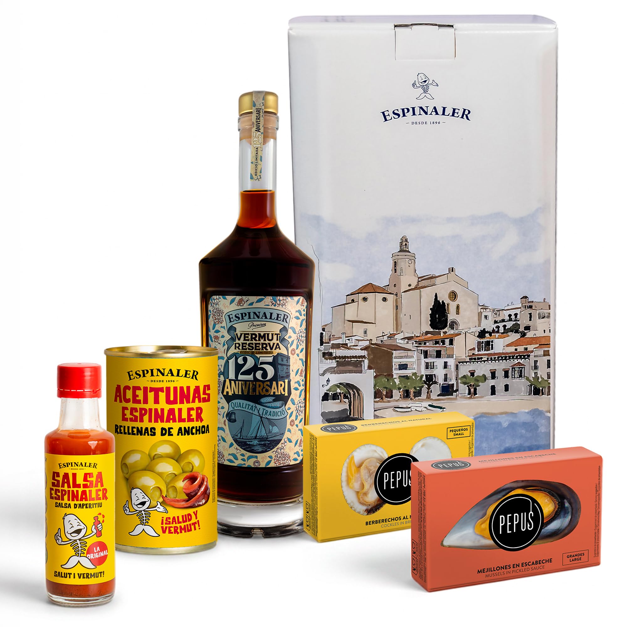 Espinaler Cesta Gourmet Aperitivo Pepus - Pack Regalo con Vermut Negro Reserva 125 Aniversario, Salsa Espinaler, Aceitunas Rellenas, Berberechos y Mejillones en Escabeche en Caja Regalo Gourmet.