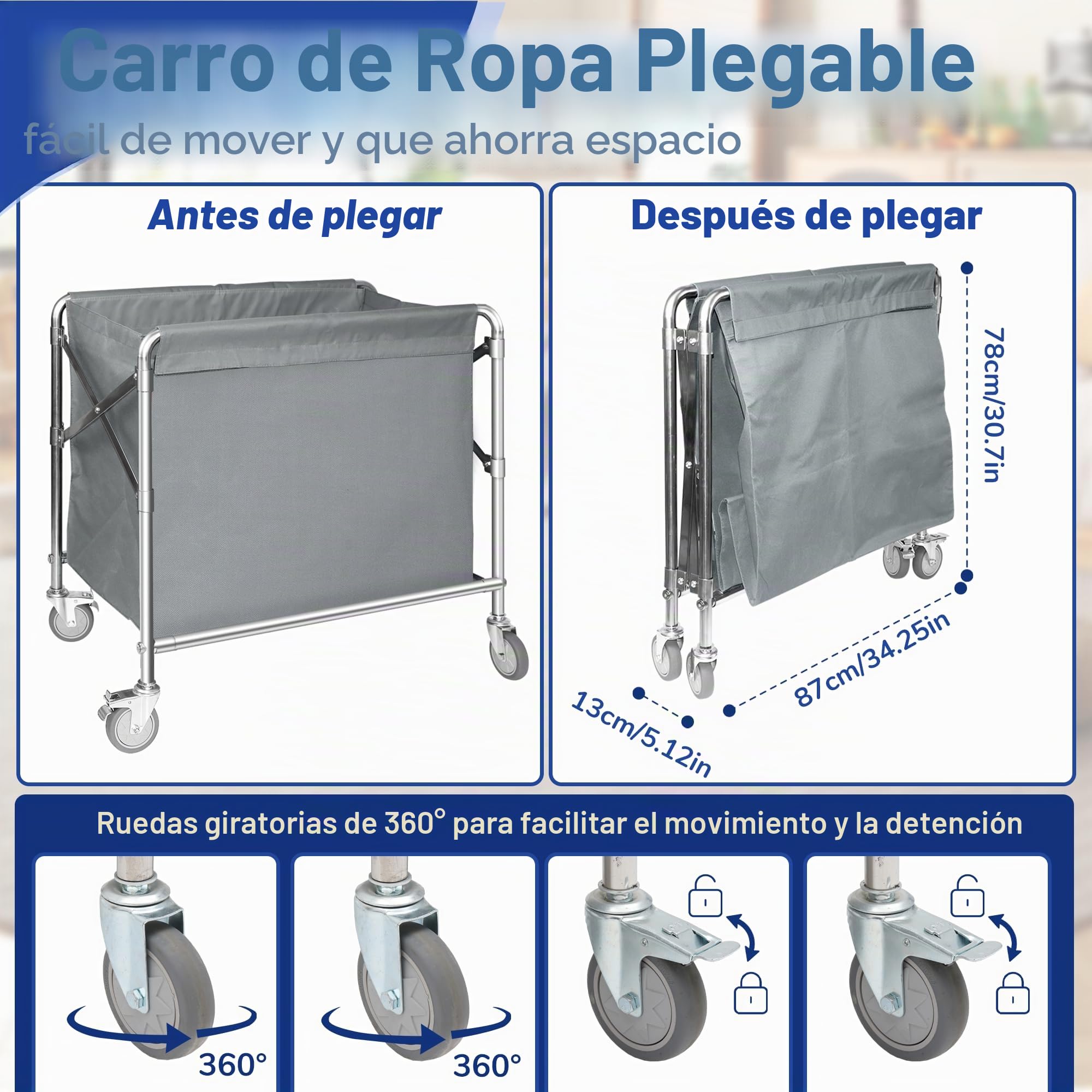 bimiti Carrito de lavandería de acero inoxidable con ruedas, plegable, con capacidad de carga de 100 kg, para casa, hotel, lavandería, 87 x 52 x 78 cm