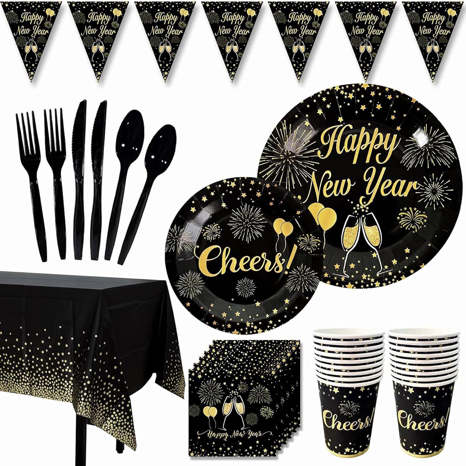 Rainmae New Years Party Supplies, 2026 Black and Gold New Year Disposable Tableware, Including Dinner Plates, Dessert Plates, Napkins, Cups Tablecloth for New Years Eve Party Supplies Decor Serves 20