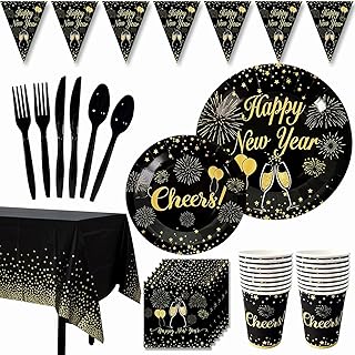 Rainmae New Years Party Supplies, 2026 Black and Gold New Year Disposable Tableware, Including Dinner Plates, Dessert Plates, Napkins, Cups Tablecloth for New Years Eve Party Supplies Decor Serves 20