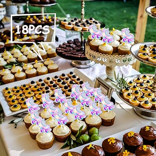 Vista 6 de 18 piezas de patines con purpurina para decoración de cupcakes de postre para niños y niñas, decoración de fiesta de cumpleaños de los años 80 y 90
